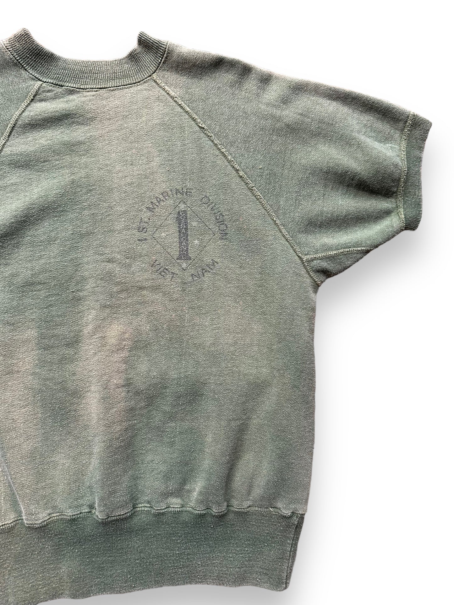 Front Left View of Vintage Viet Nam 1st Marines Division Short Sleeve Sweatshirt SZ M | Vintage Crewneck Sweatshirt Seattle | Barn Owl Vintage Seattle