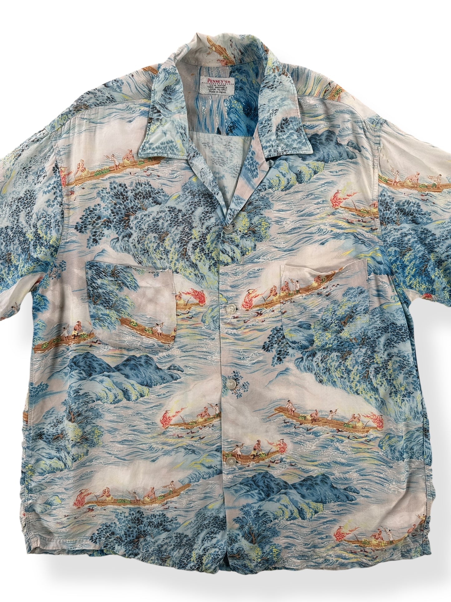 Front Close Up of Vintage Penney's Blue Rayon Aloha Shirt SZ L