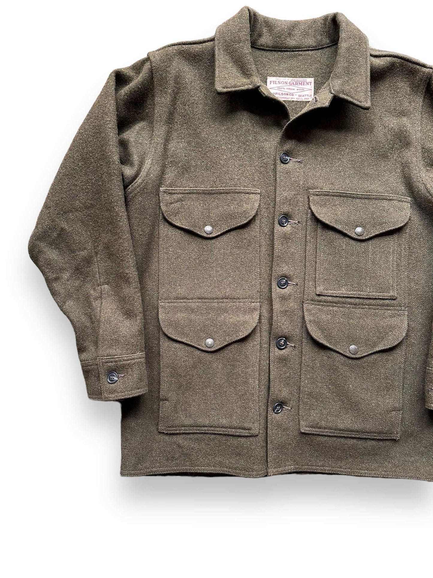 Front Right View of Filson Forest Green Mackinaw Cruiser SZ 42 | Vintage Filson Workwear Seattle