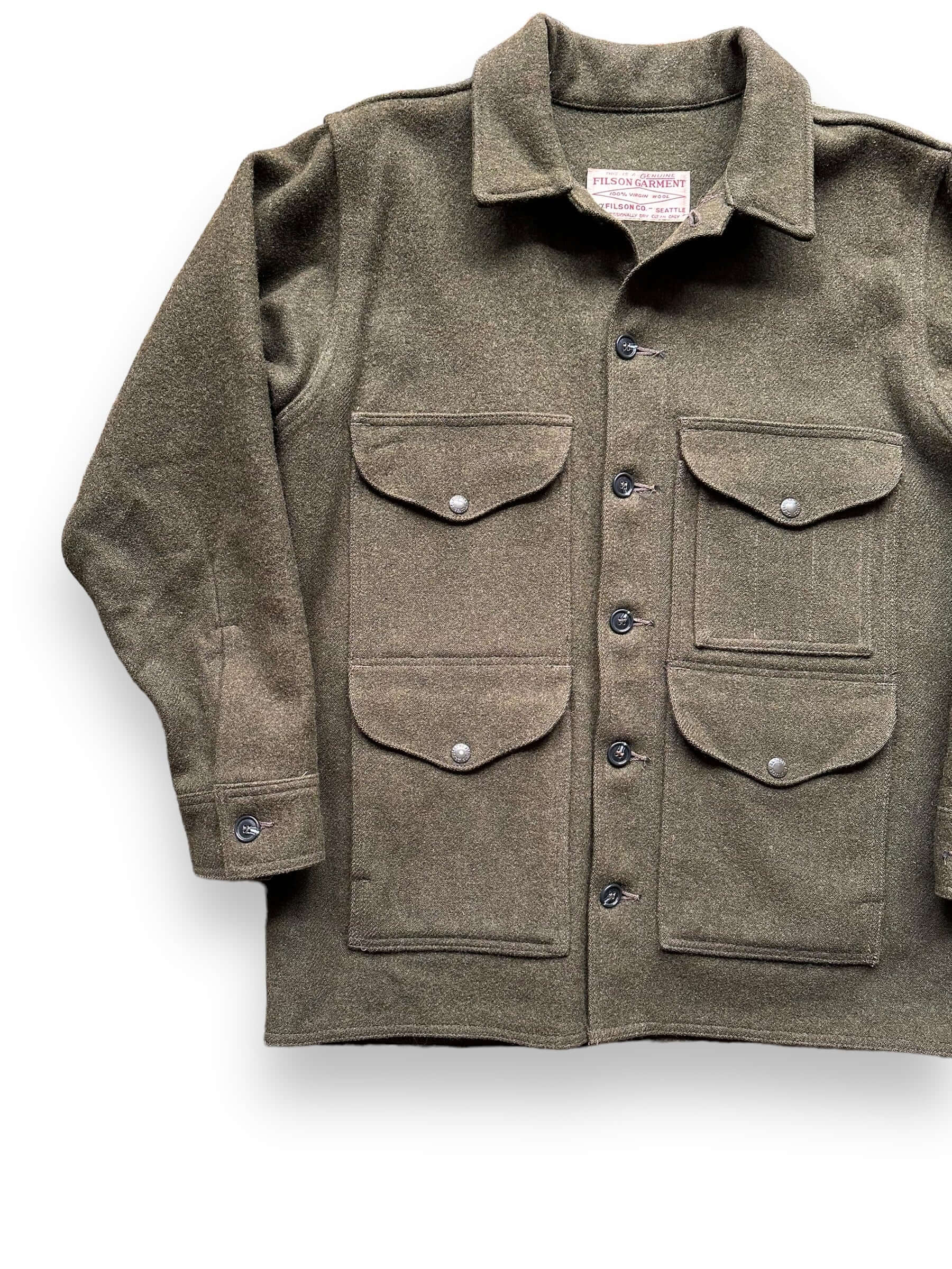 Front Right View of Filson Forest Green Mackinaw Cruiser SZ 42 |  Vintage Filson Workwear Seattle