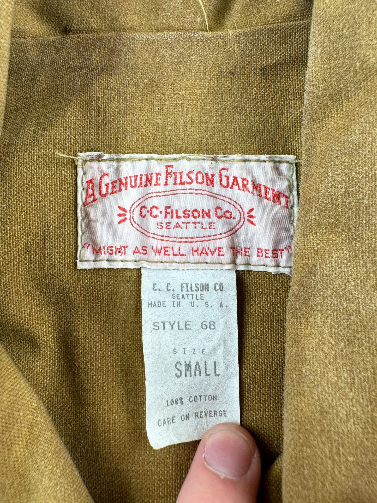 Tag on Vintage Filson Style 68 Tin Cloth Jacket SZ S