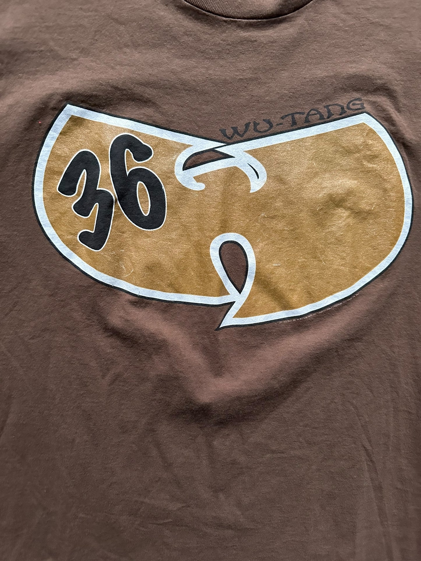 Front Graphic Close Up on Vintage Wu Tang Clan 36 Chambers Rap Tee SZ XL | Vintage Wu Tang Rap Tees | Barn Owl Vintage Goods