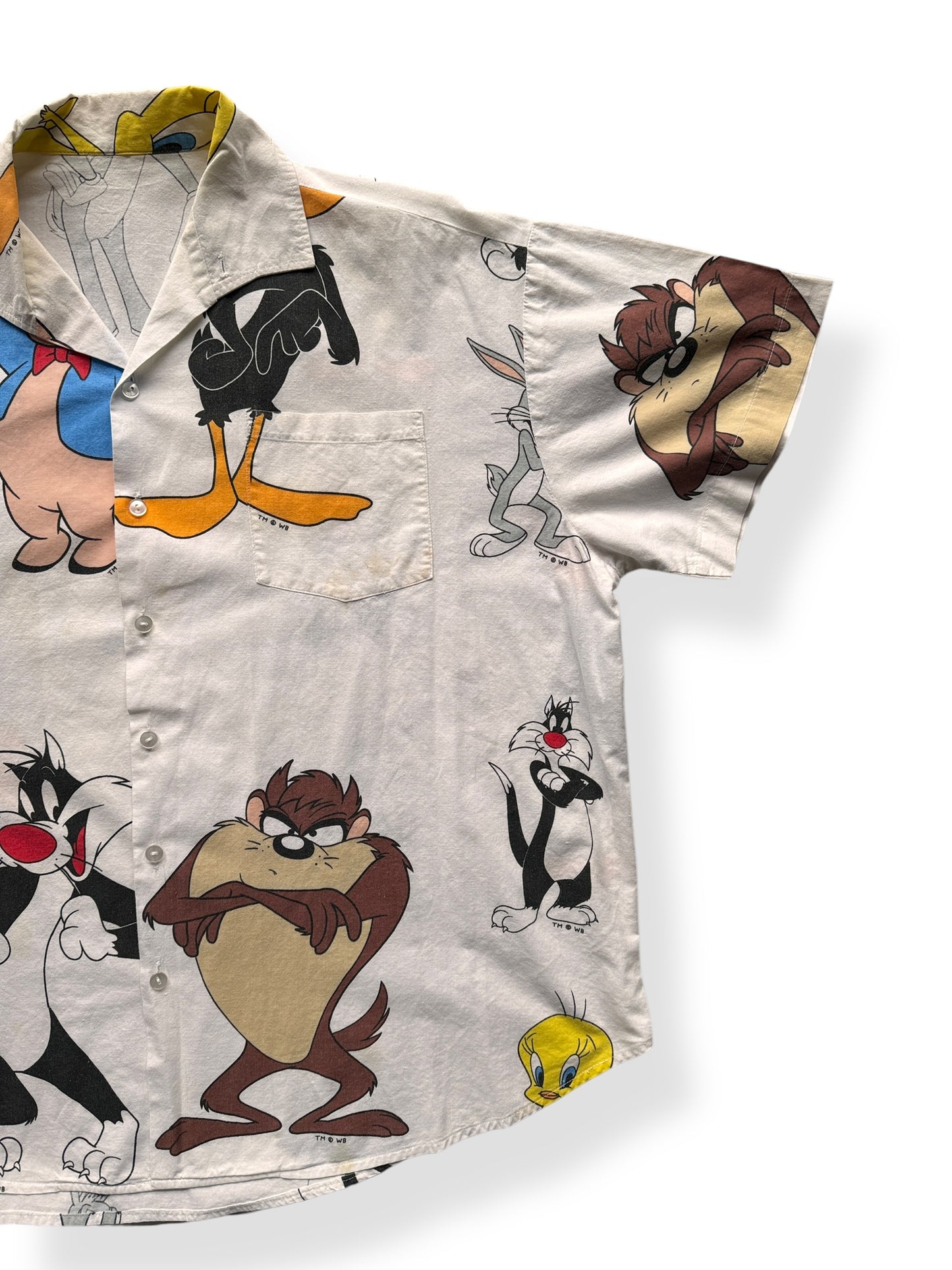 Front Left of Vintage White Daffy & Porky Button Up SZ XXL