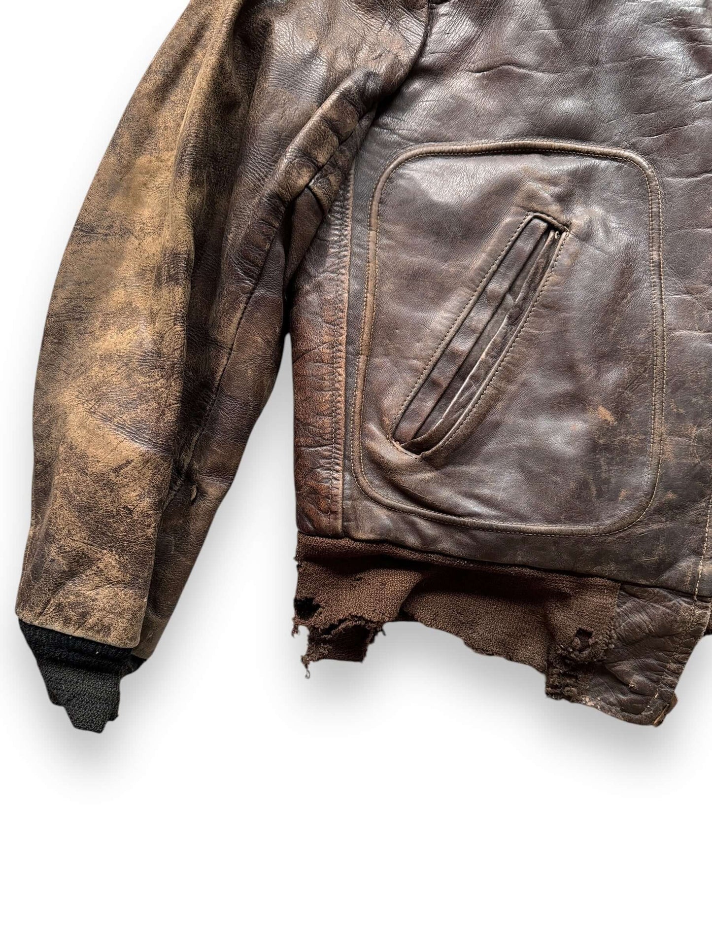 right pocket on Vintage Thrashed Hercules Horsehide Leather Jacket SZ M