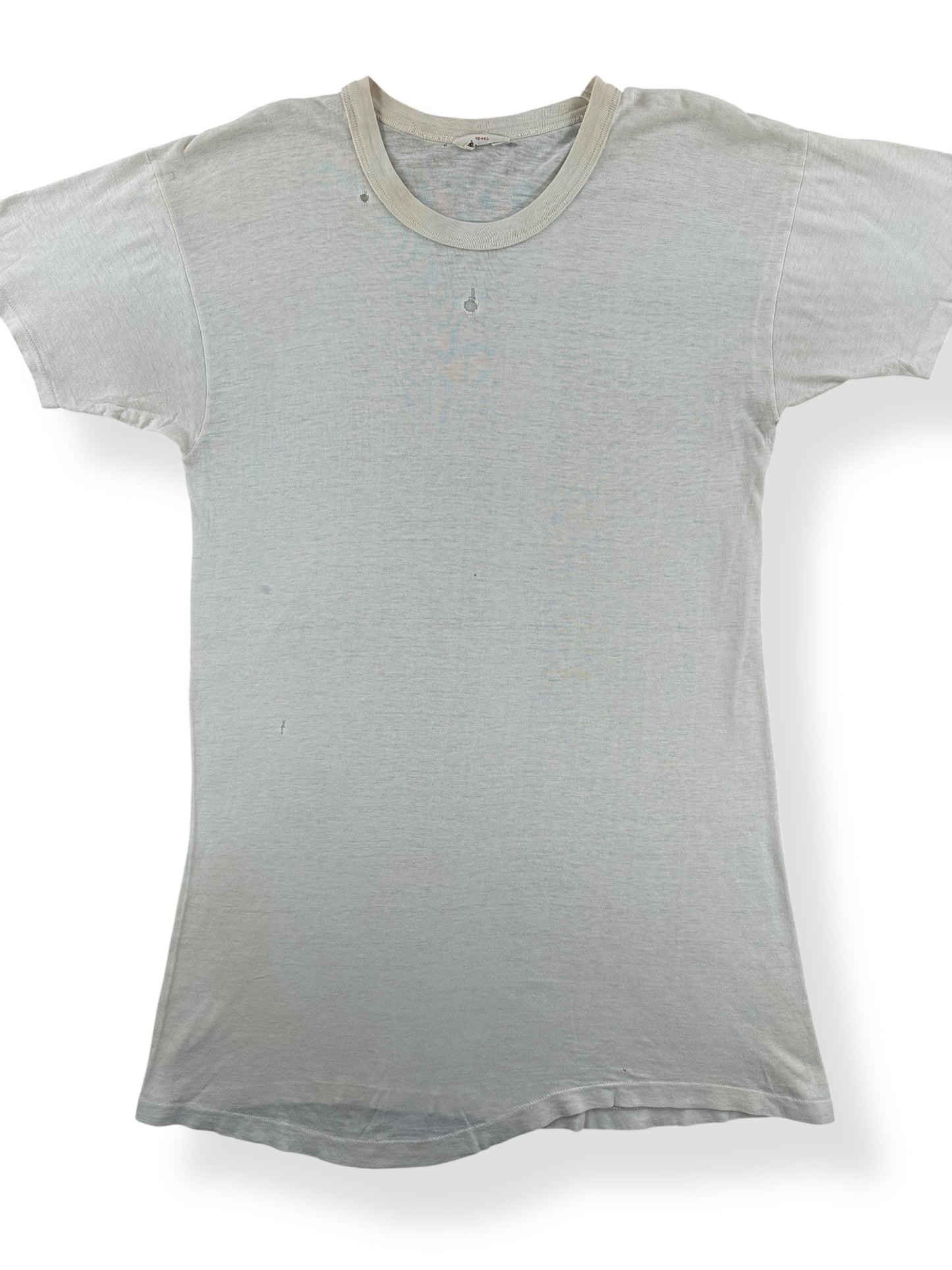 Front Close Up of Vintage 60s Era Jockey White Blank Tee SZ S AS IS