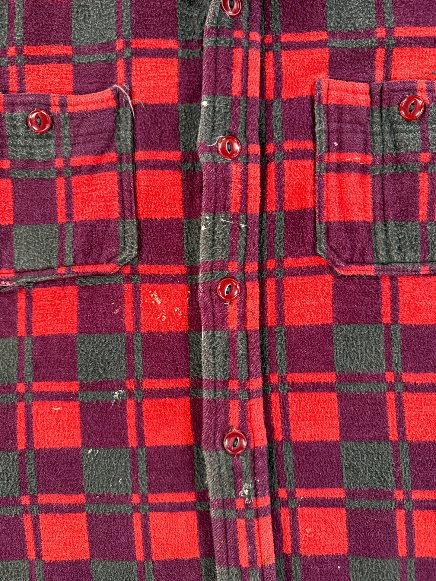 Stains on Vintage Champion Red and Black Cotton Camp Blanket Flannel SZ M AS IS