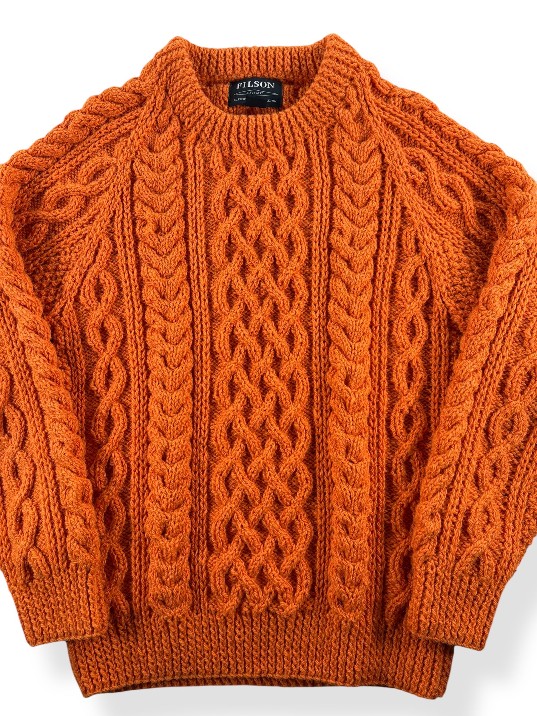Front Close Up of Modern Filson Orange Fishermen's Sweater SZ XS