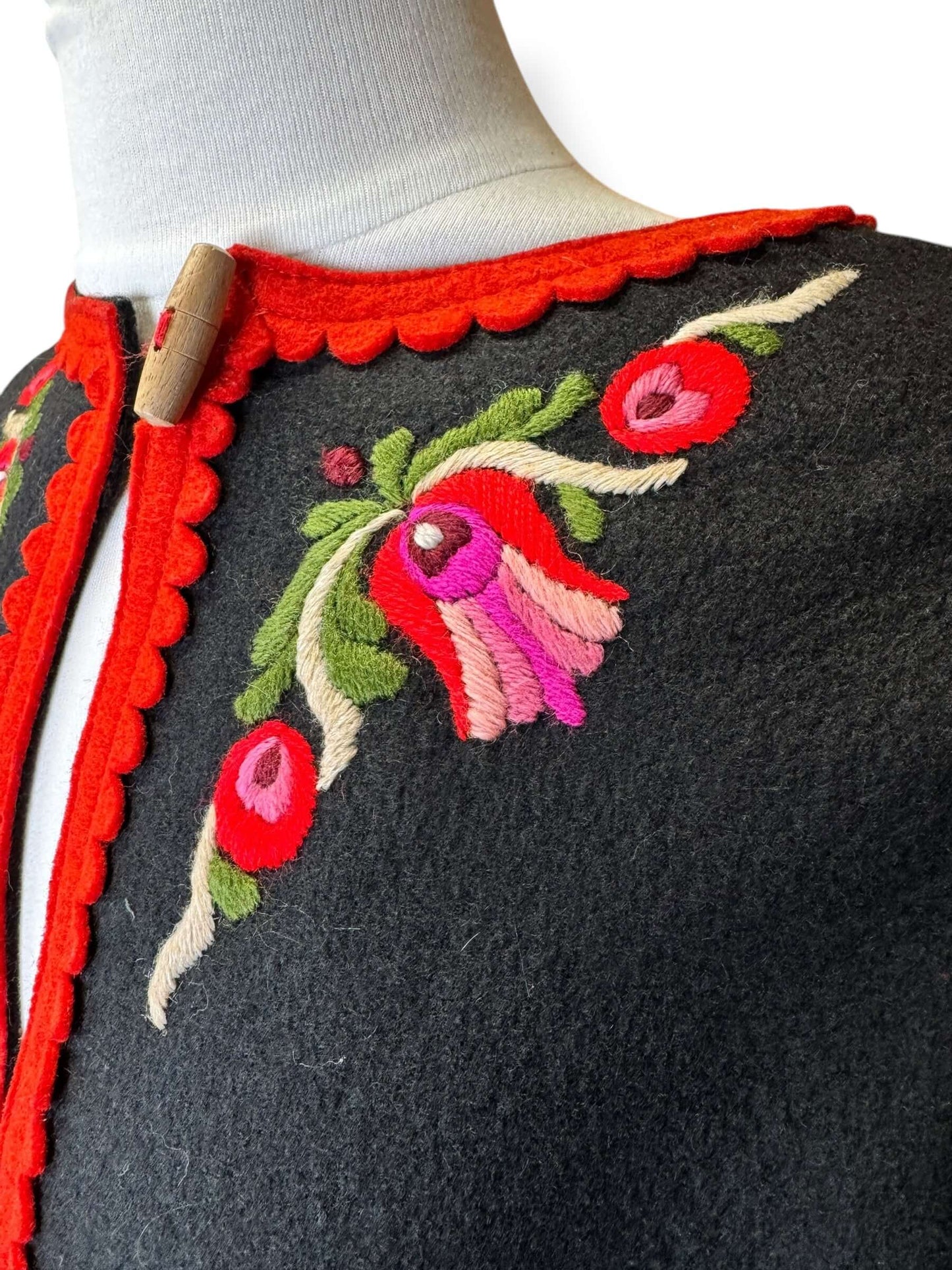 Embroidery of Vintage Hungarian Embroidered Wool Cape M