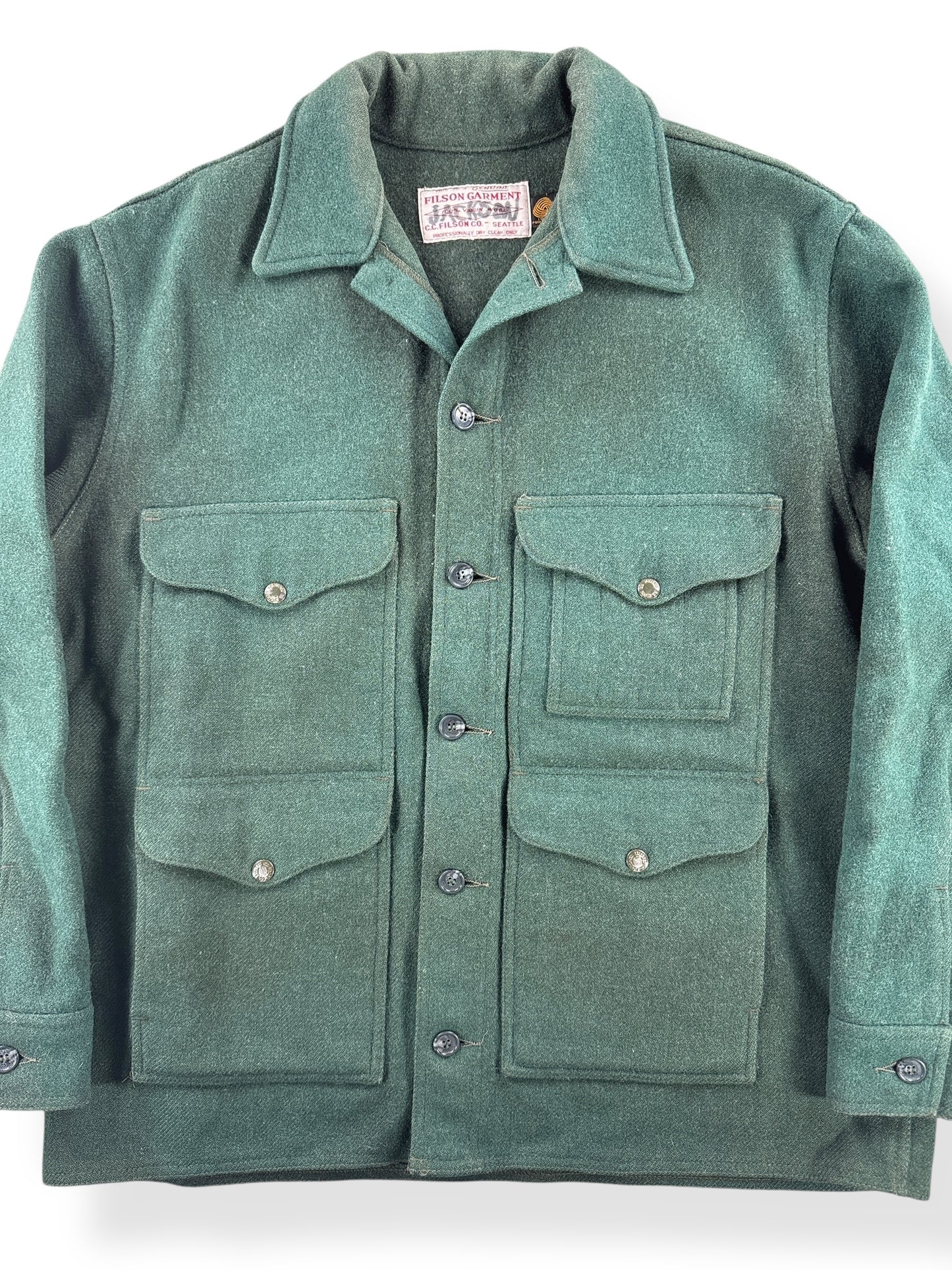 Front Close Up of Vintage Filson Forest Green Mackinaw Jacket SZ 48