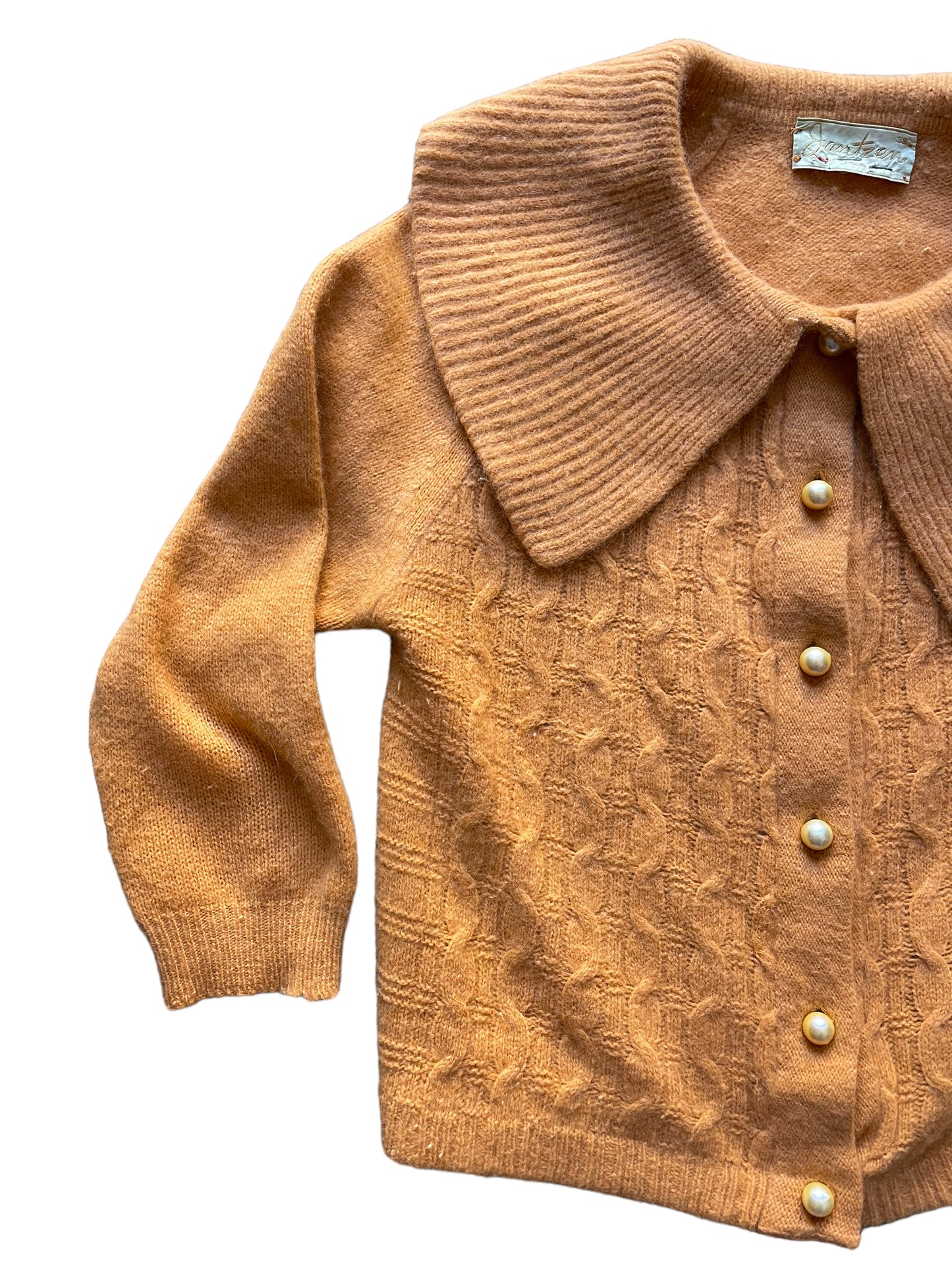 Front right side of Vintage 1950s Jantzen Gold Cardigan | Seattle True Vintage | Barn Owl Ladies Clothing