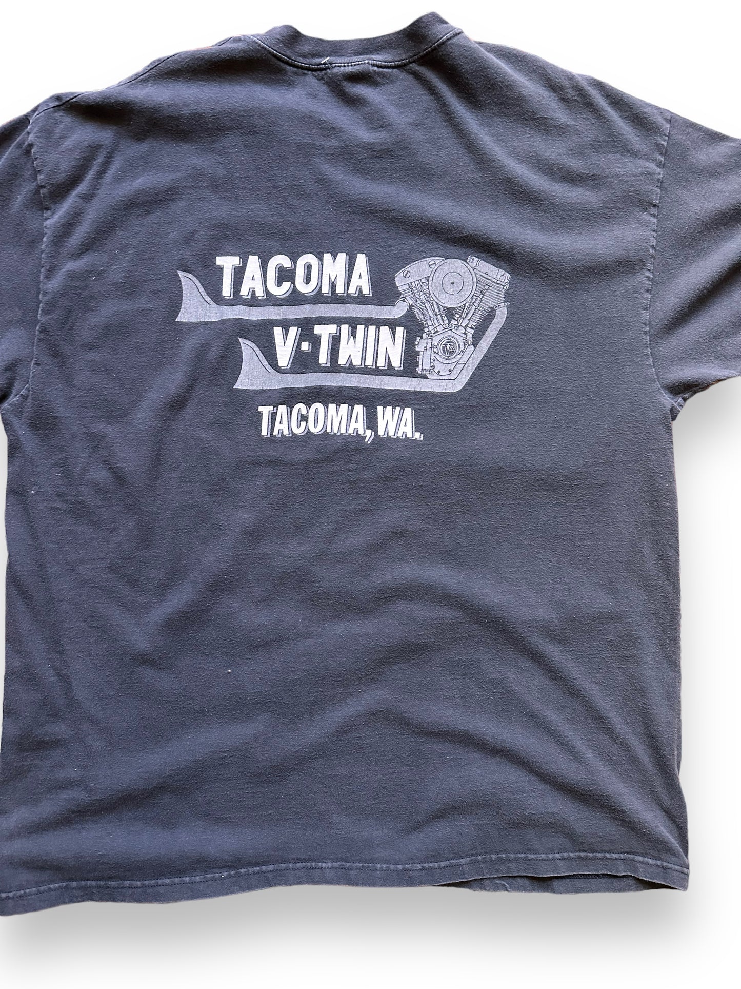 Rear Detail on Vintage Loud Pipes Save Lives Tacoma Twin V Harley Tee SZ XXL | Vintage Harley Tee Seattle | Barn Owl Vintage Clothing