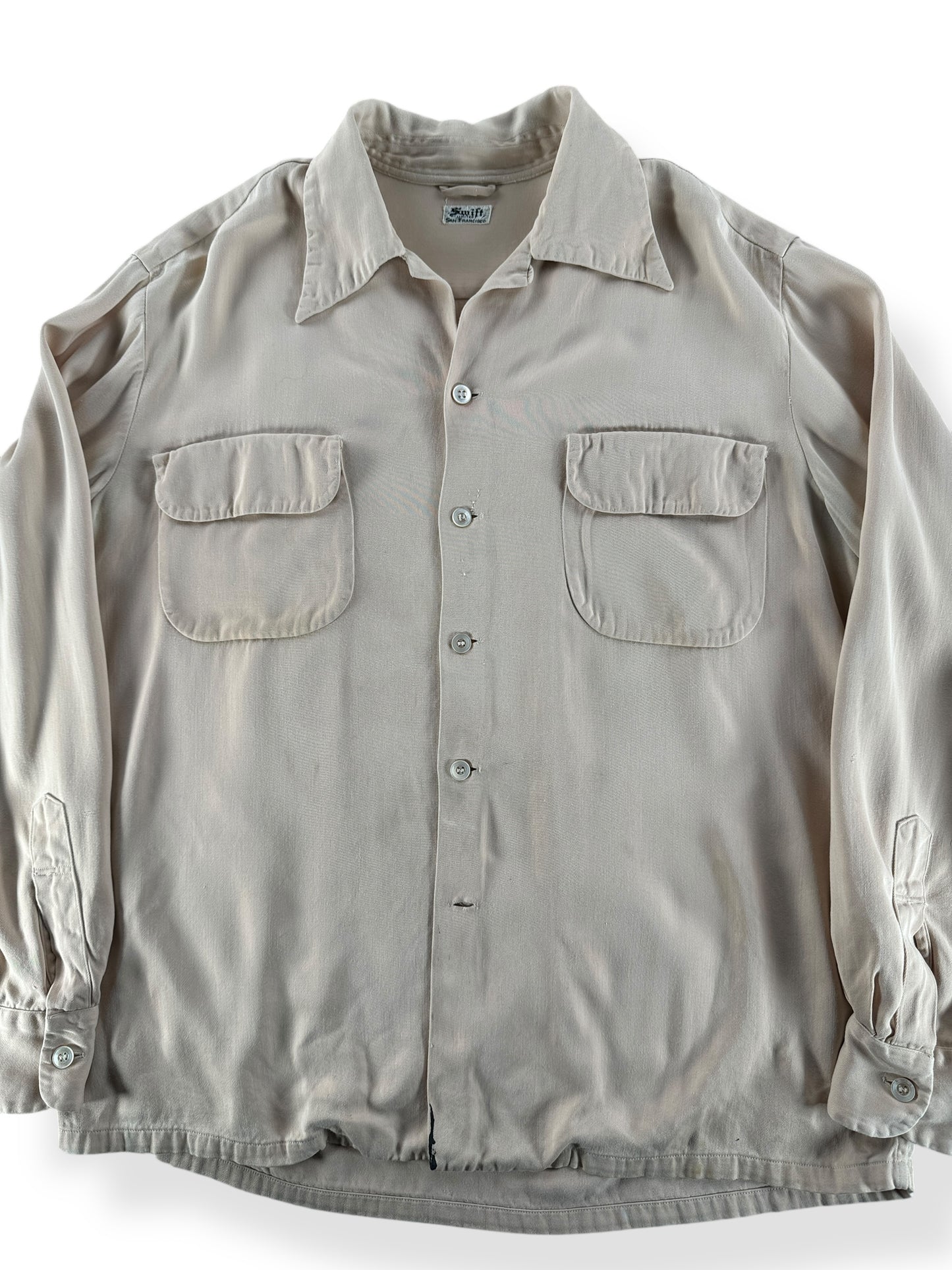 Front Close Up of Vintage Swift Pale Peach Gabardine Loop Collar Shirt SZ L AS IS