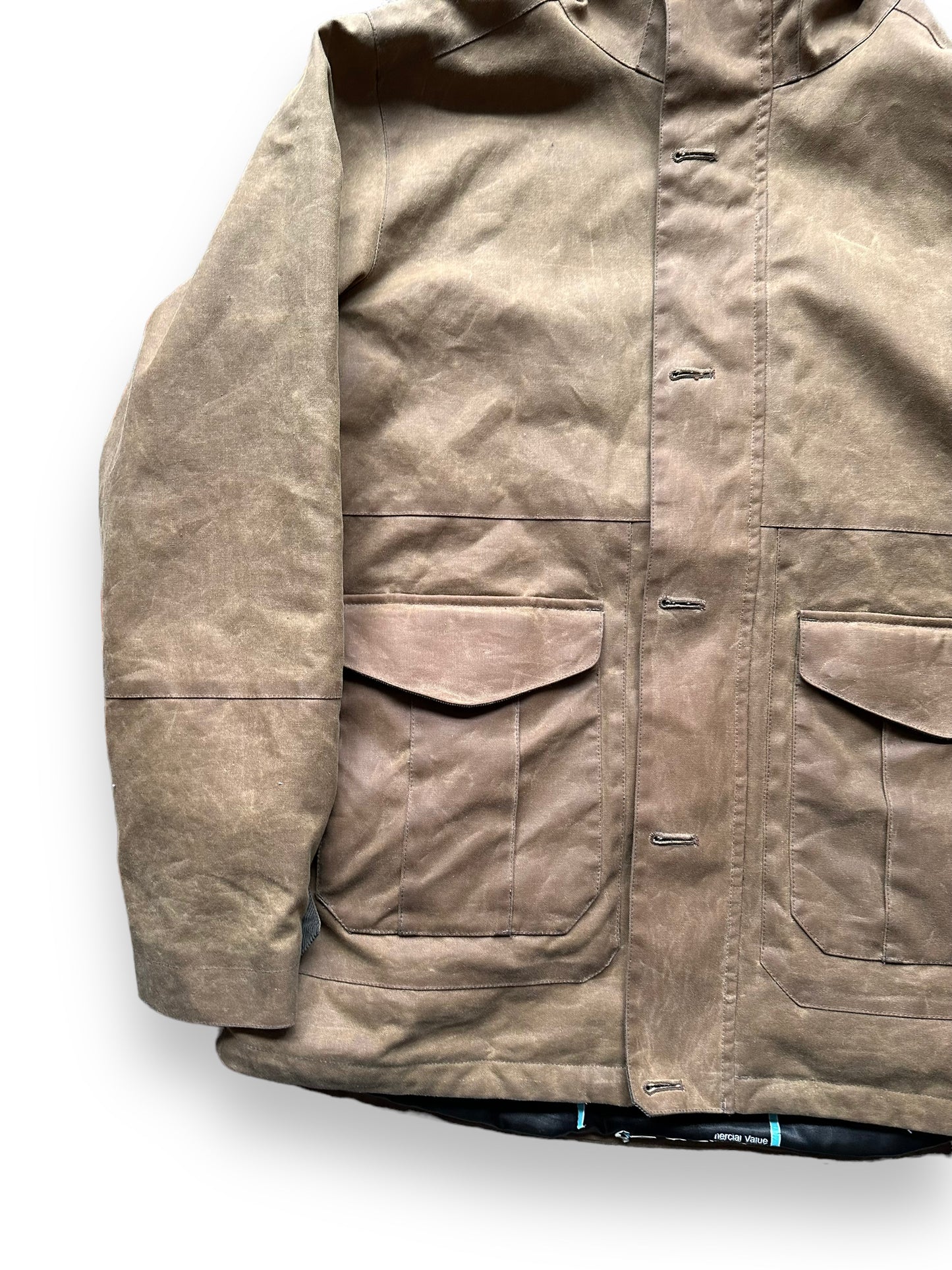 Front Right Side View of Filson X Burton Sentry Snowboarding Jacket SZ L | Barn Owl Vintage Goods | Filson Workwear Seattle