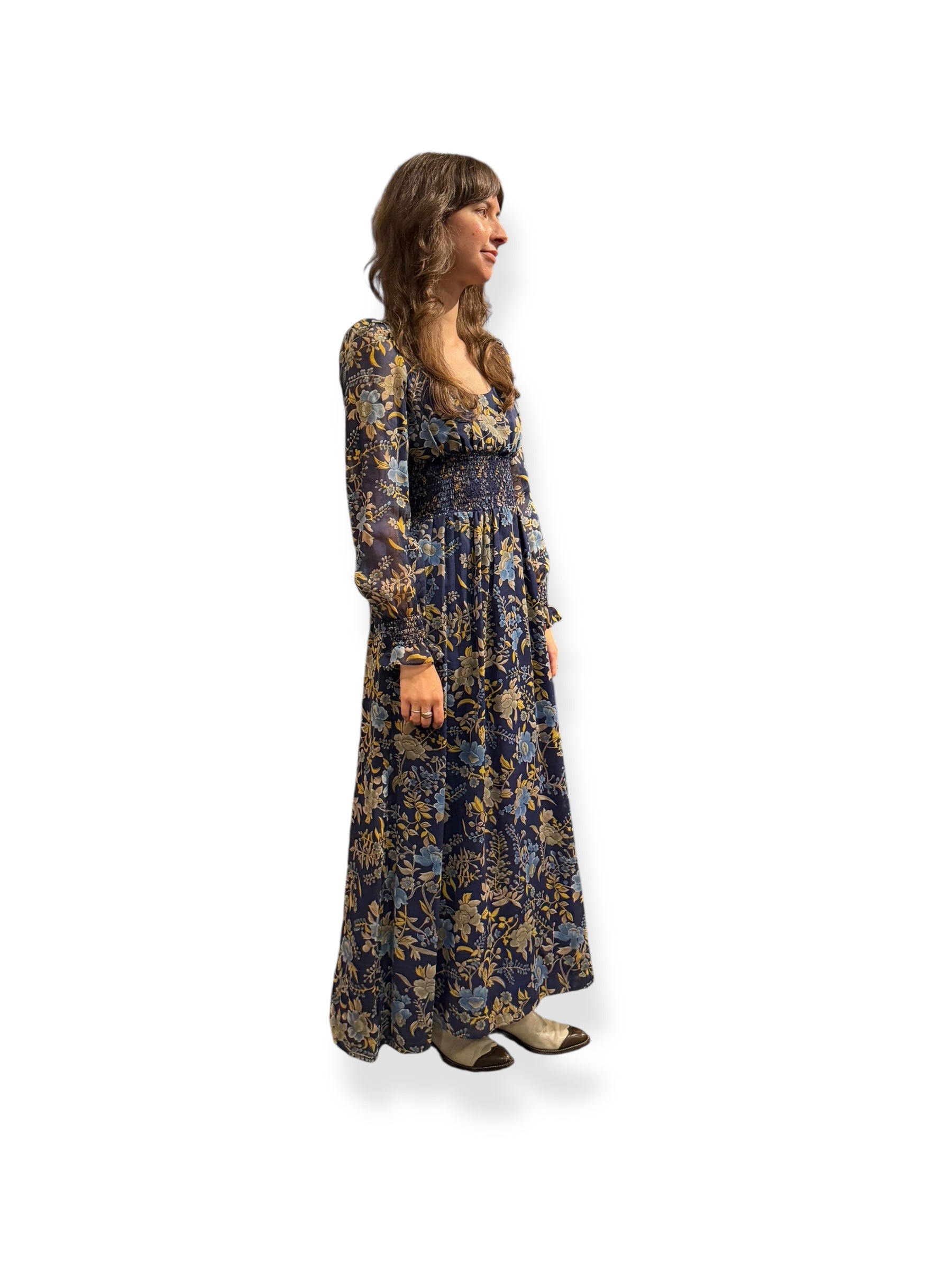 Side view of 1970s Blue Floral Maxi Dress S