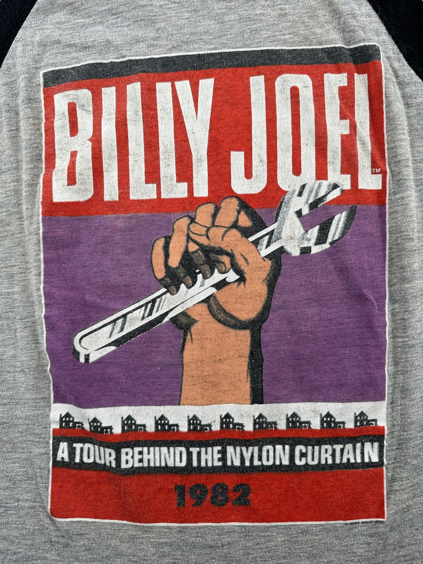 Back Graphic of Vintage Billy Joel Behind The Nylon Curtain Raglan 1982 Tour Tee SZ M