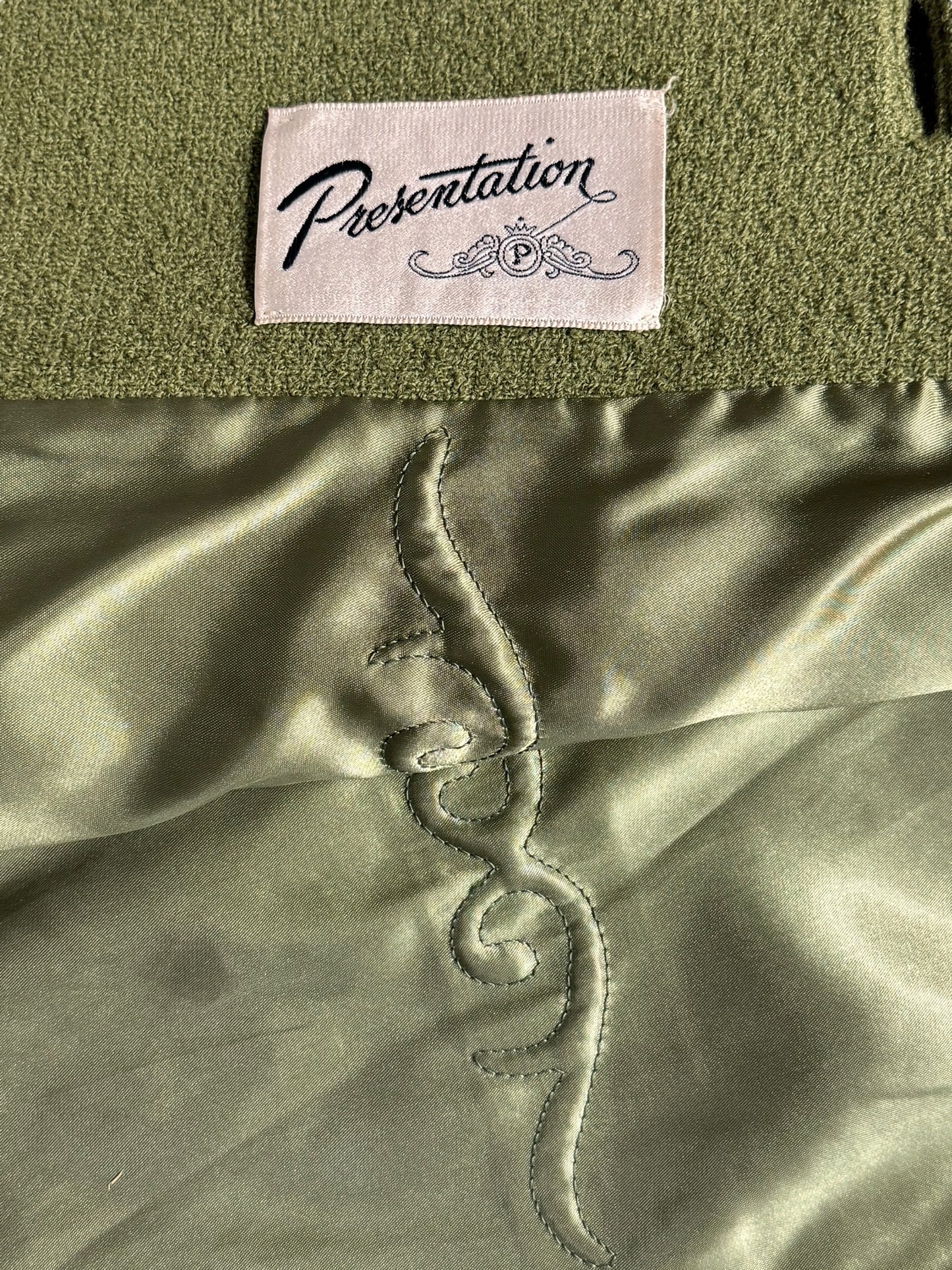 Tag view of 1950s Mink Collar Sage Green Coat M