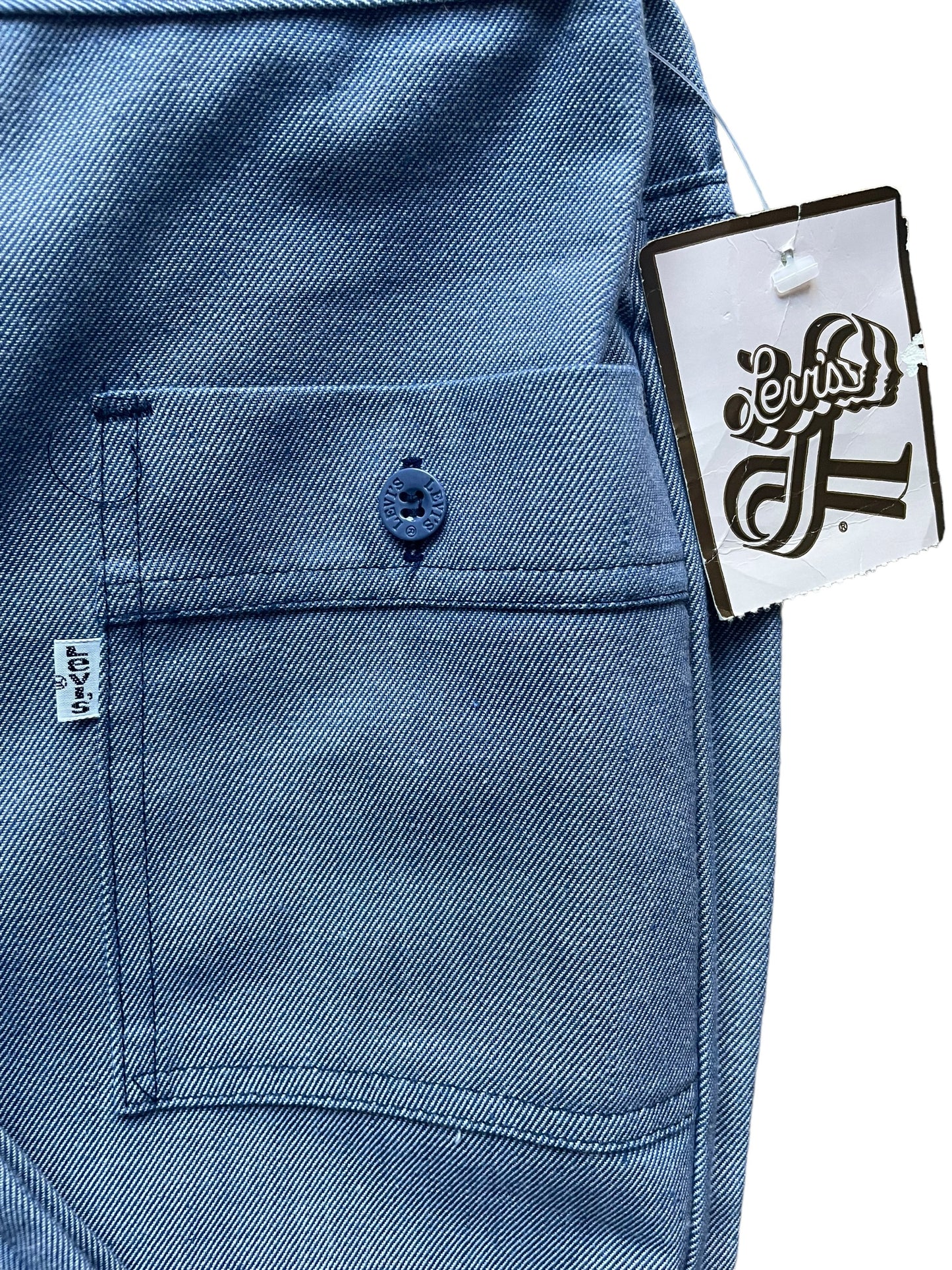 Pocket and tag view of Vintage 1970s Deadstock Levi's Wide Leg Trousers W25 | Barn Owl Vintage Seattle | Vintage Denim
