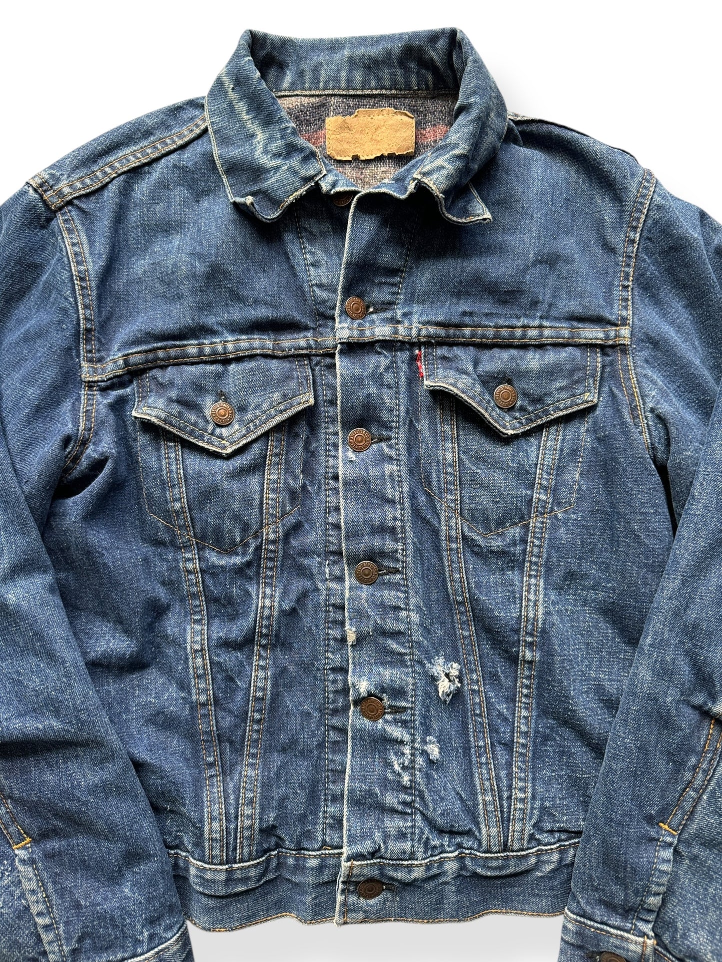 Front Close Up of Vintage Big "E" Levis Blanket Lined Type III Trucker Jacket SZ M AS IS