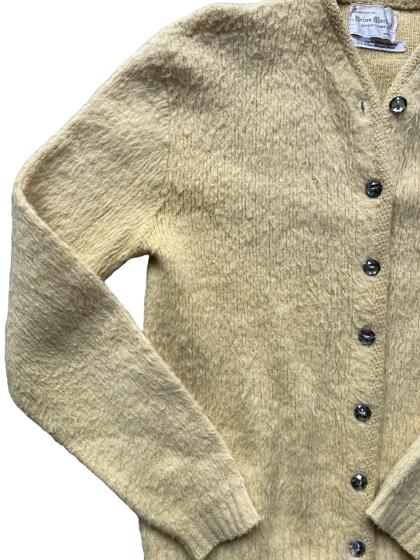 Front right side view ofVintage 1950s Yellow Orlon Mohair Cardigan | Barn Owl Sweaters | Seattle Vintage
