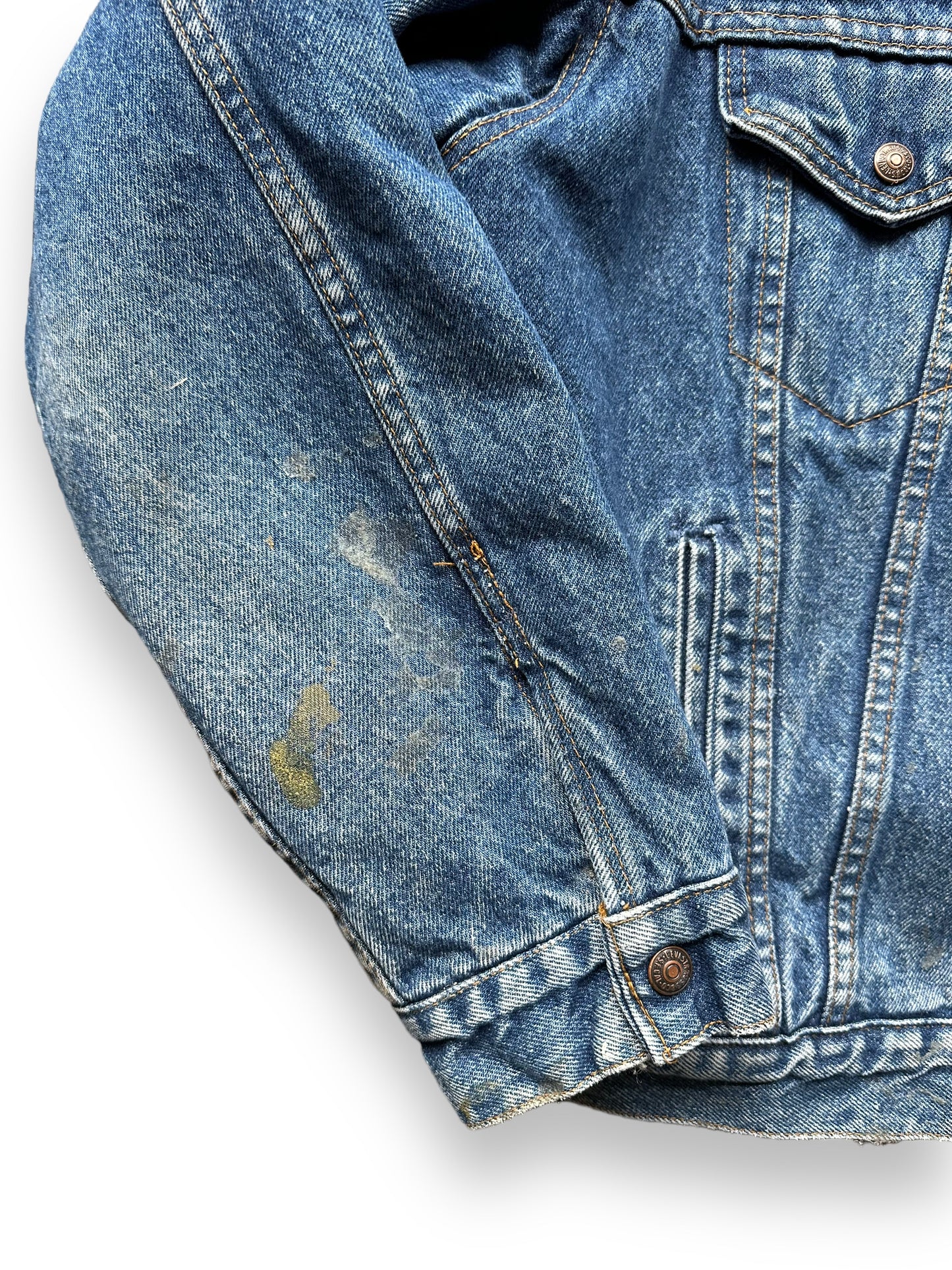 Front Sleeve Blemishes on Vintage Levis Sherpa Type III Denim Jacket SZ XL | Vintage Denim Workwear Seattle | Barn Owl Seattle