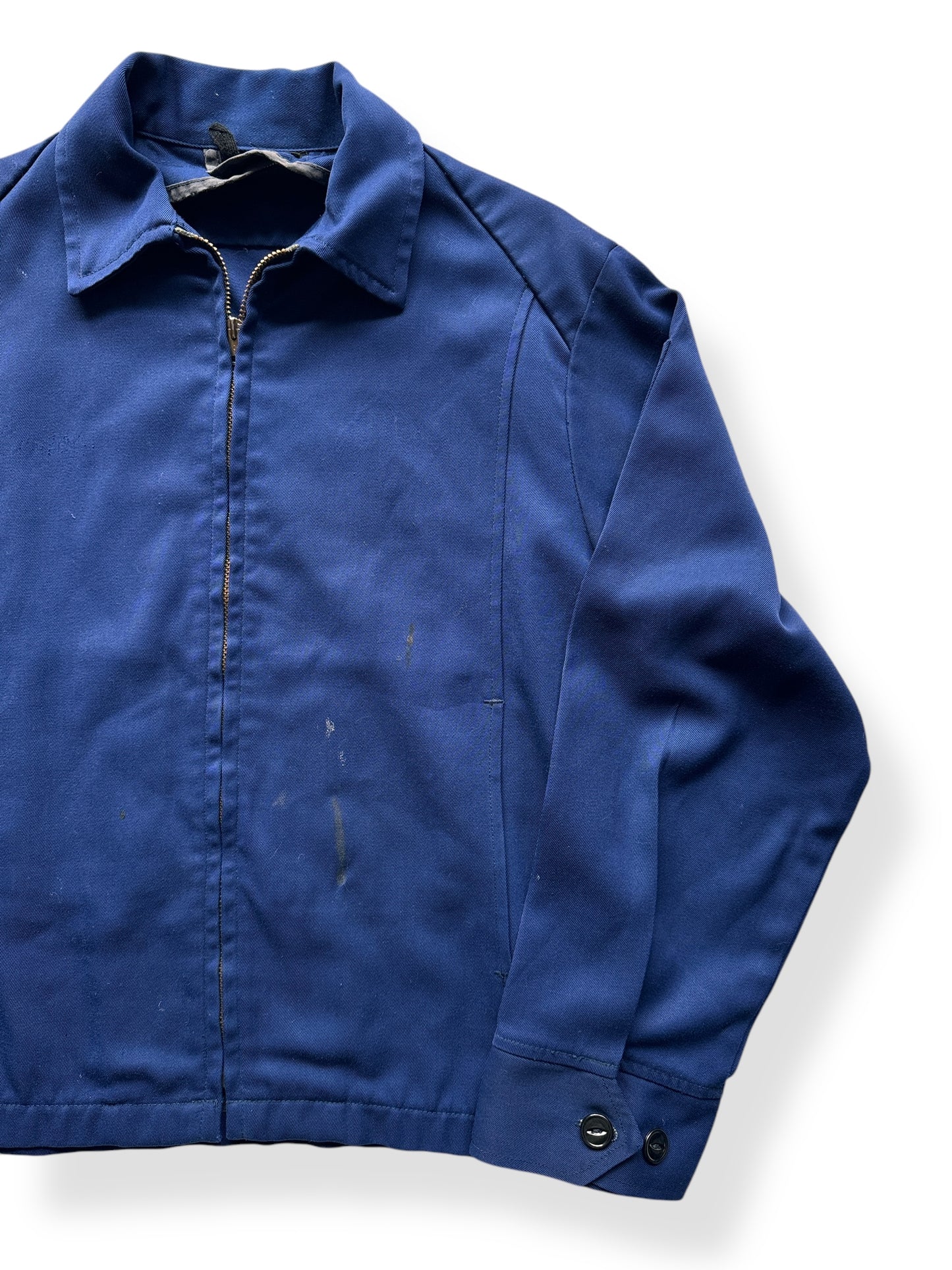 Front Left of Vintage Unitog Koratron Blue Shop Jacket SZ 48