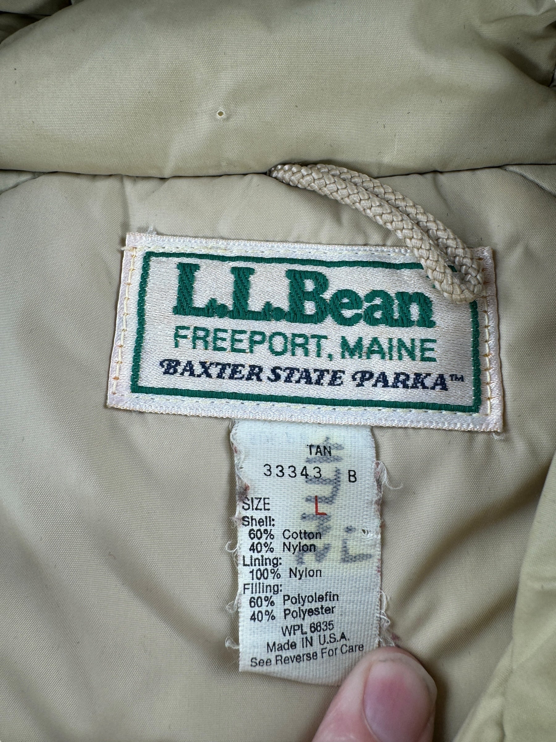 Tag on Vintage LL Bean Baxter State Parka w/ Patch SZ L