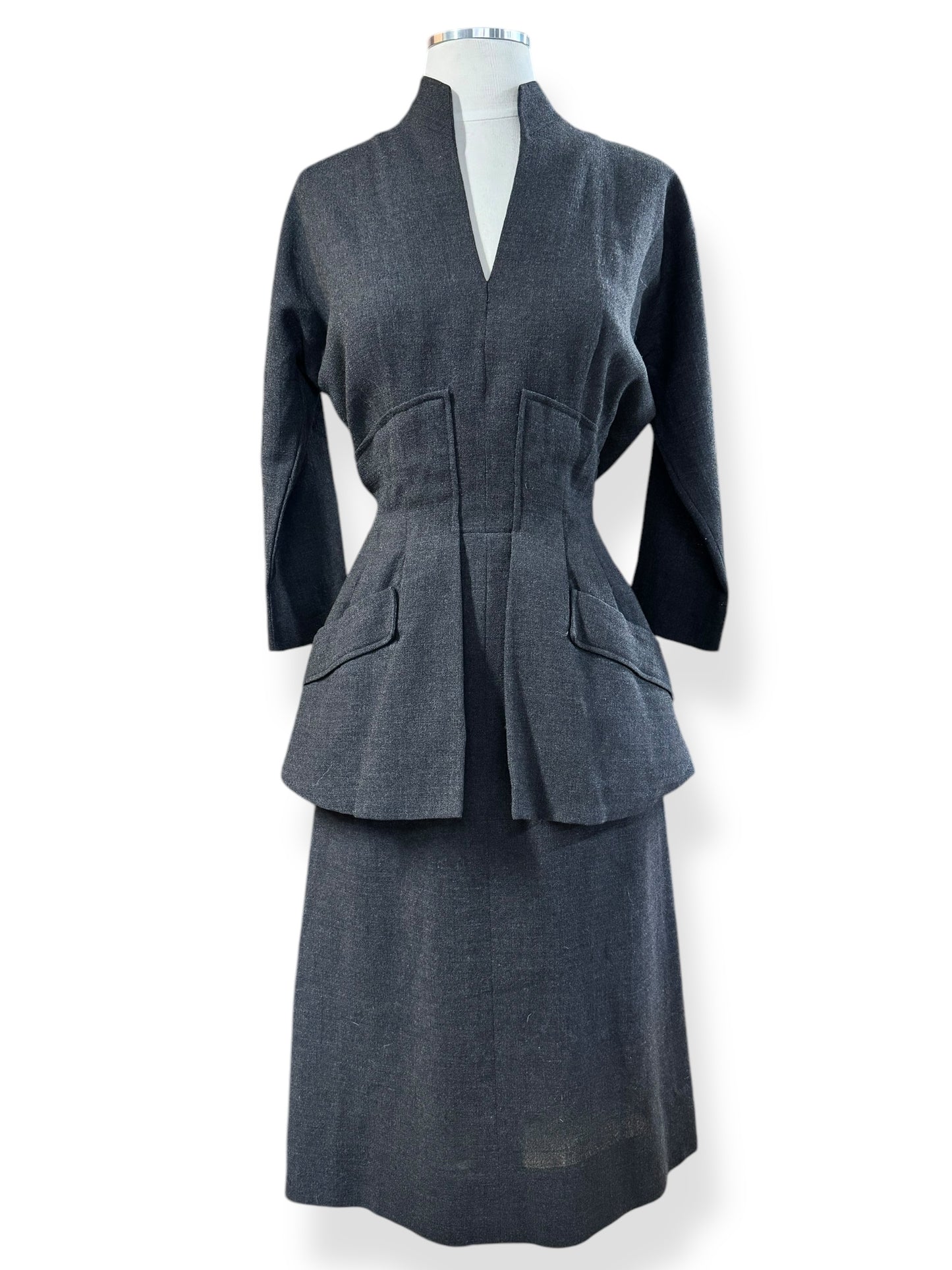 Front view of 1940s Handmade Wool Peplum Dress S-M