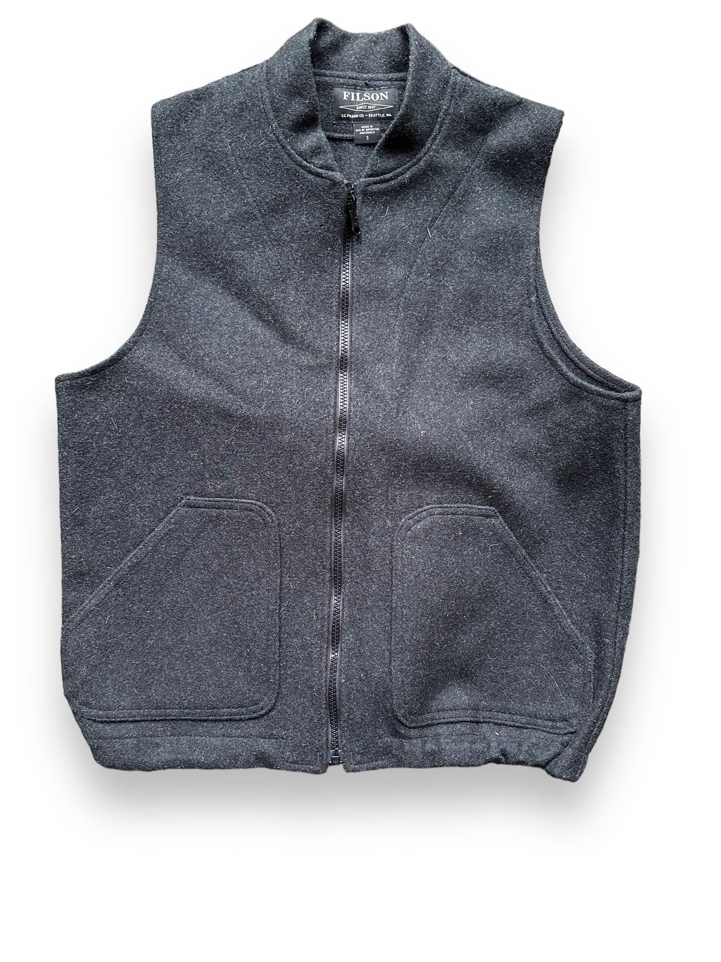 Front View of Filson Mackinaw Wool Sleeveless Charcoal Liner SZ S | Barn Owl Vintage Goods | Vintage Filson Workwear Seattle