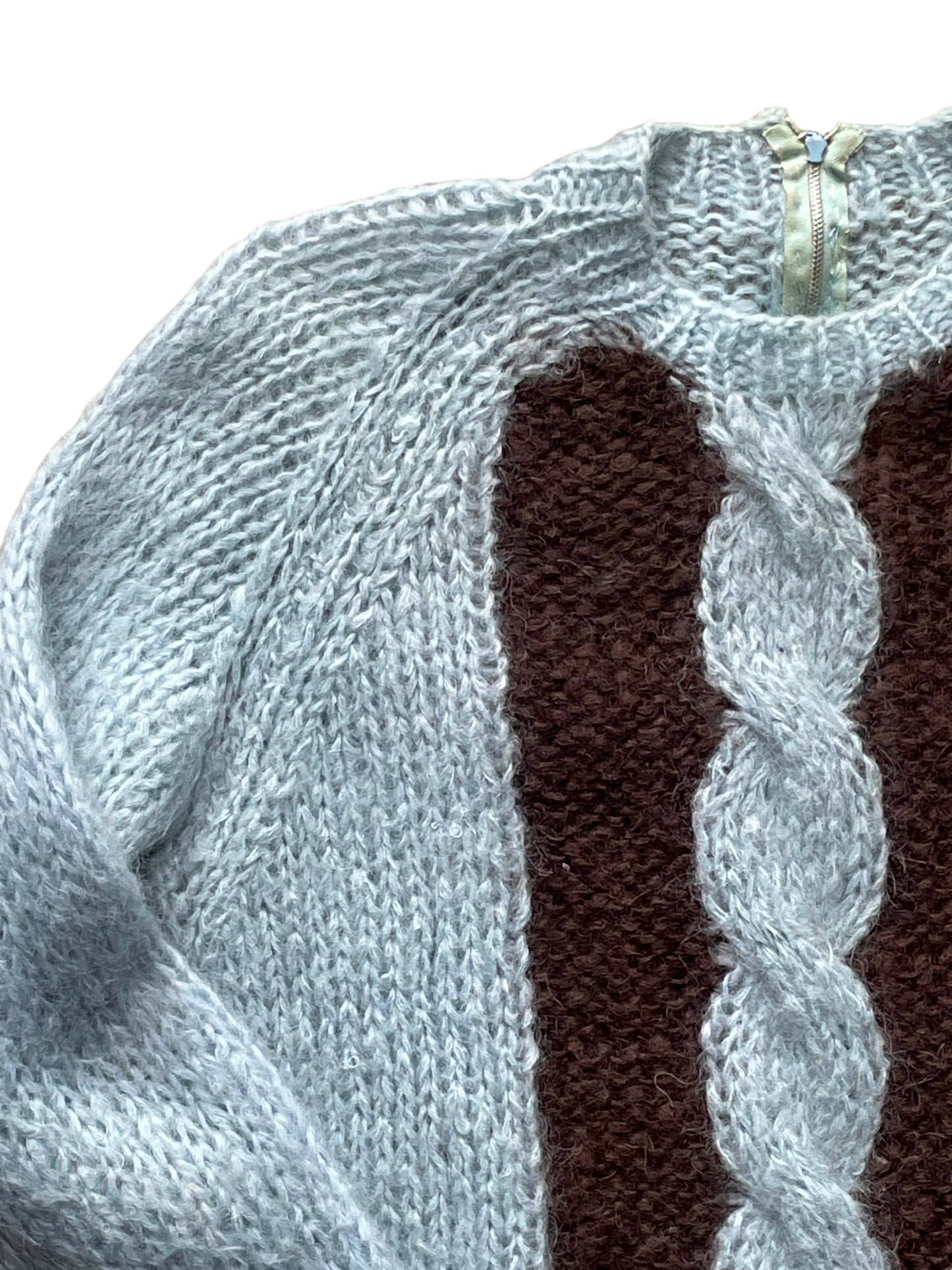 Front right shoulder view of Vintage 1950s Mohair Cable Knit Sweater SZ L | Barn Owl Sweaters | Seattle Vintage