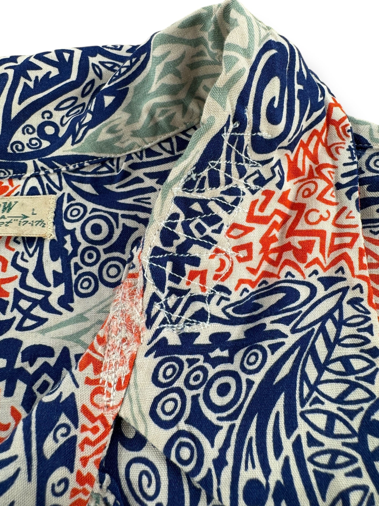 Repair on Collar of Vintage Repaired Arrow Sanforset Rayon Aloha Shirt SZ L