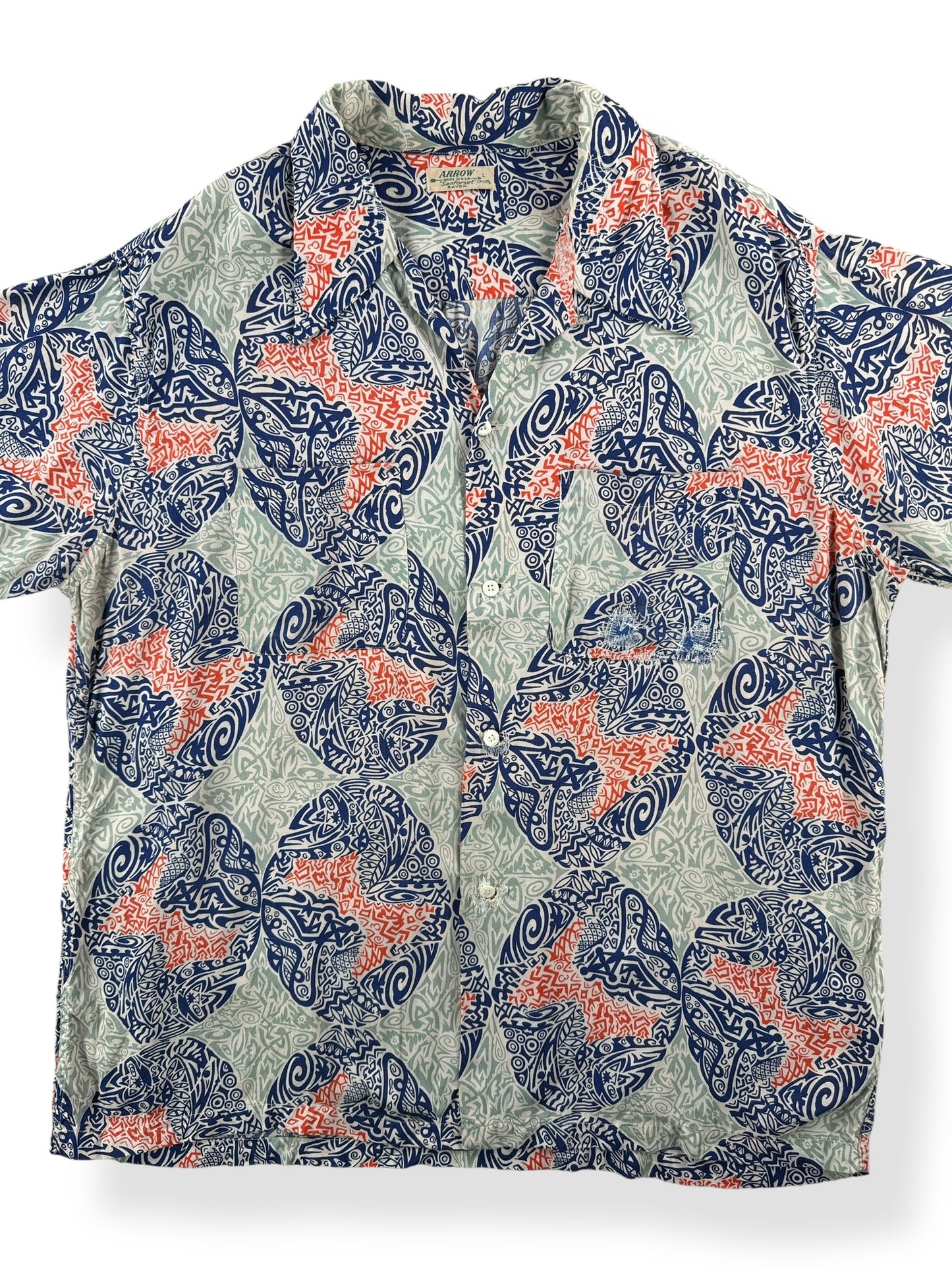 Front Close Up of Vintage Repaired Arrow Sanforset Rayon Aloha Shirt SZ L