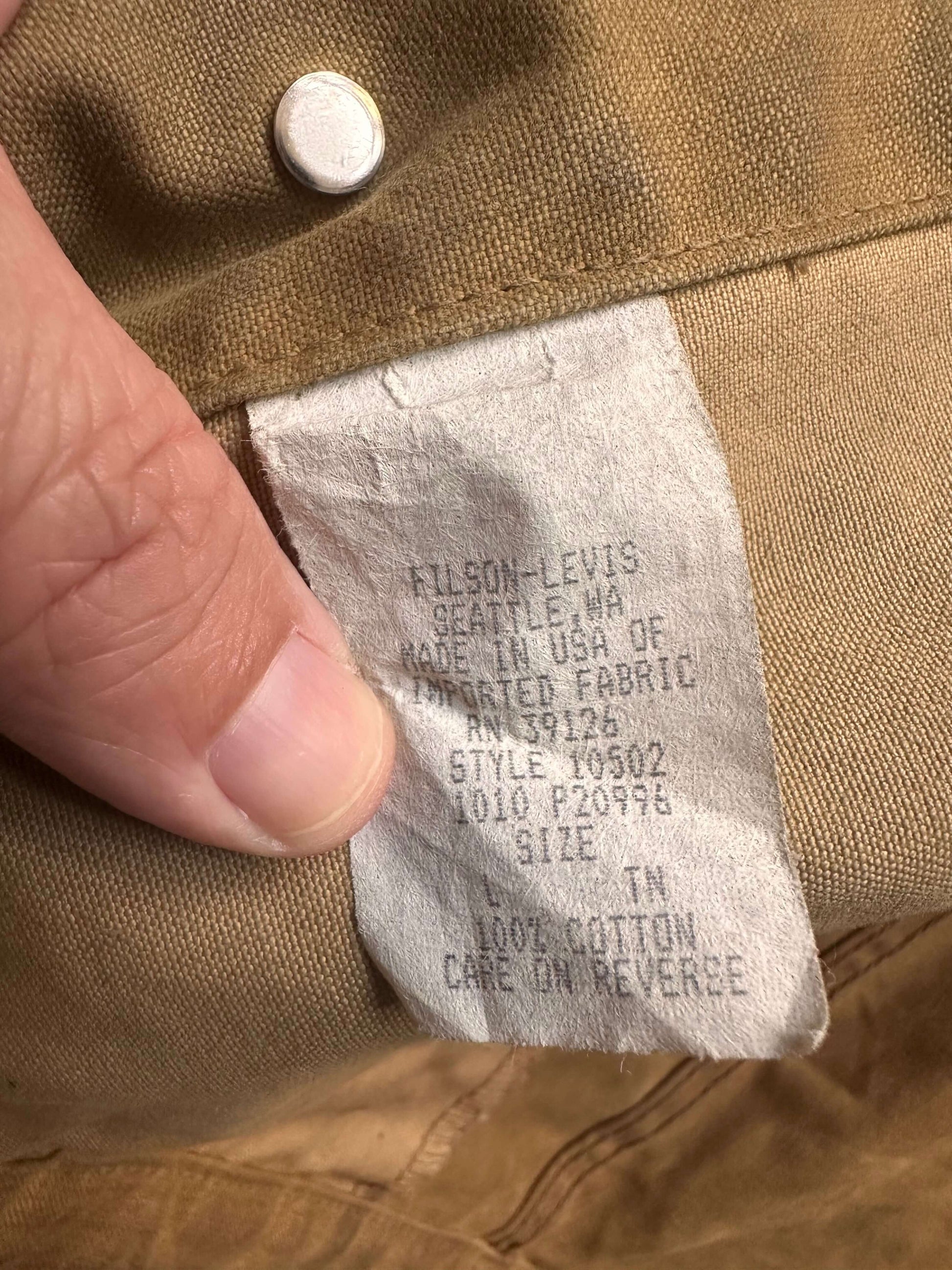 Production Tag on Filson X Levis Tan Type III Trucker Jacket SZ Large |  Filson Levis Trucker Jacket