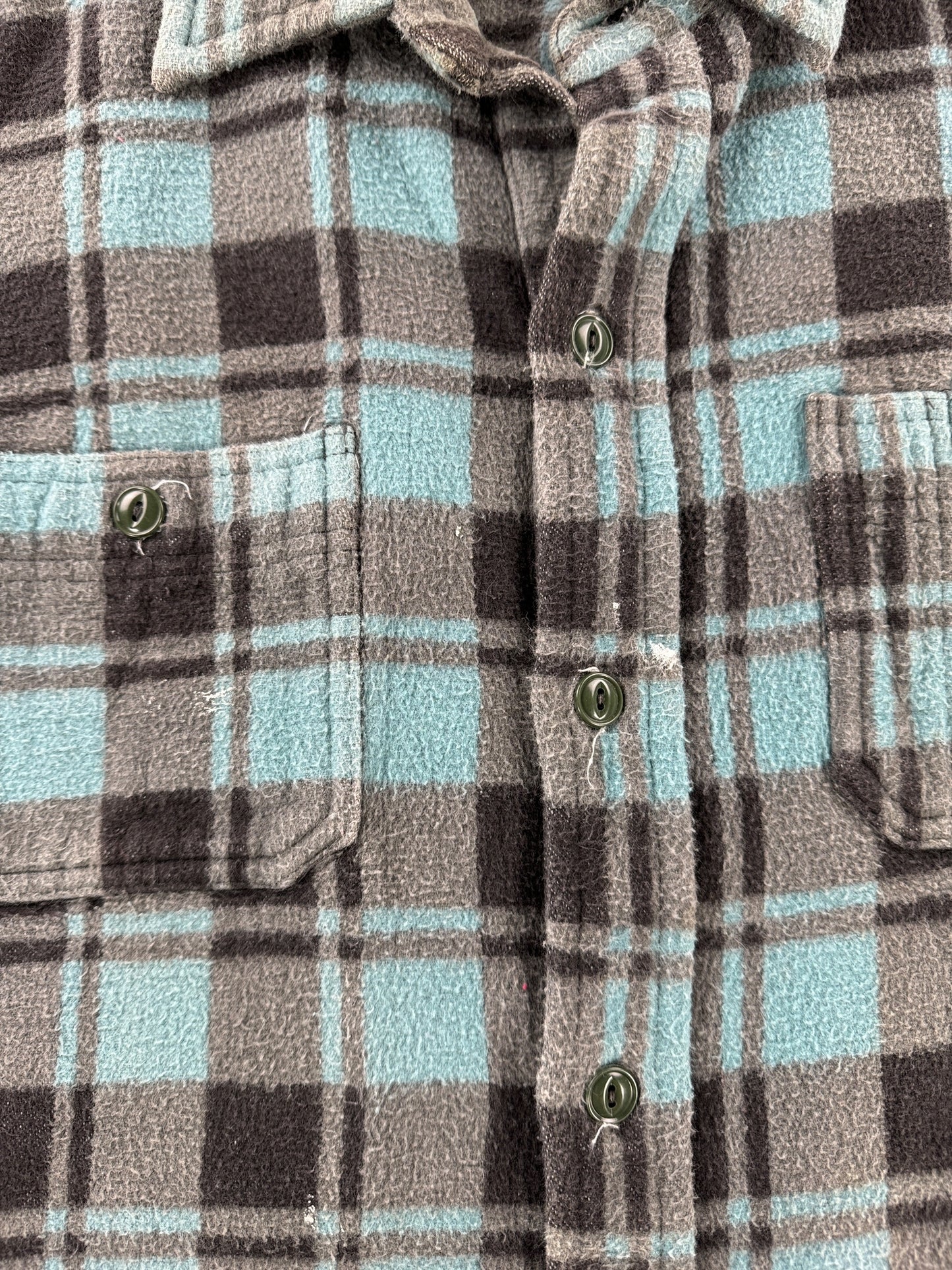 Buttons on Vintage 70's Champion Teal and Grey Camp Flannel SZ XL