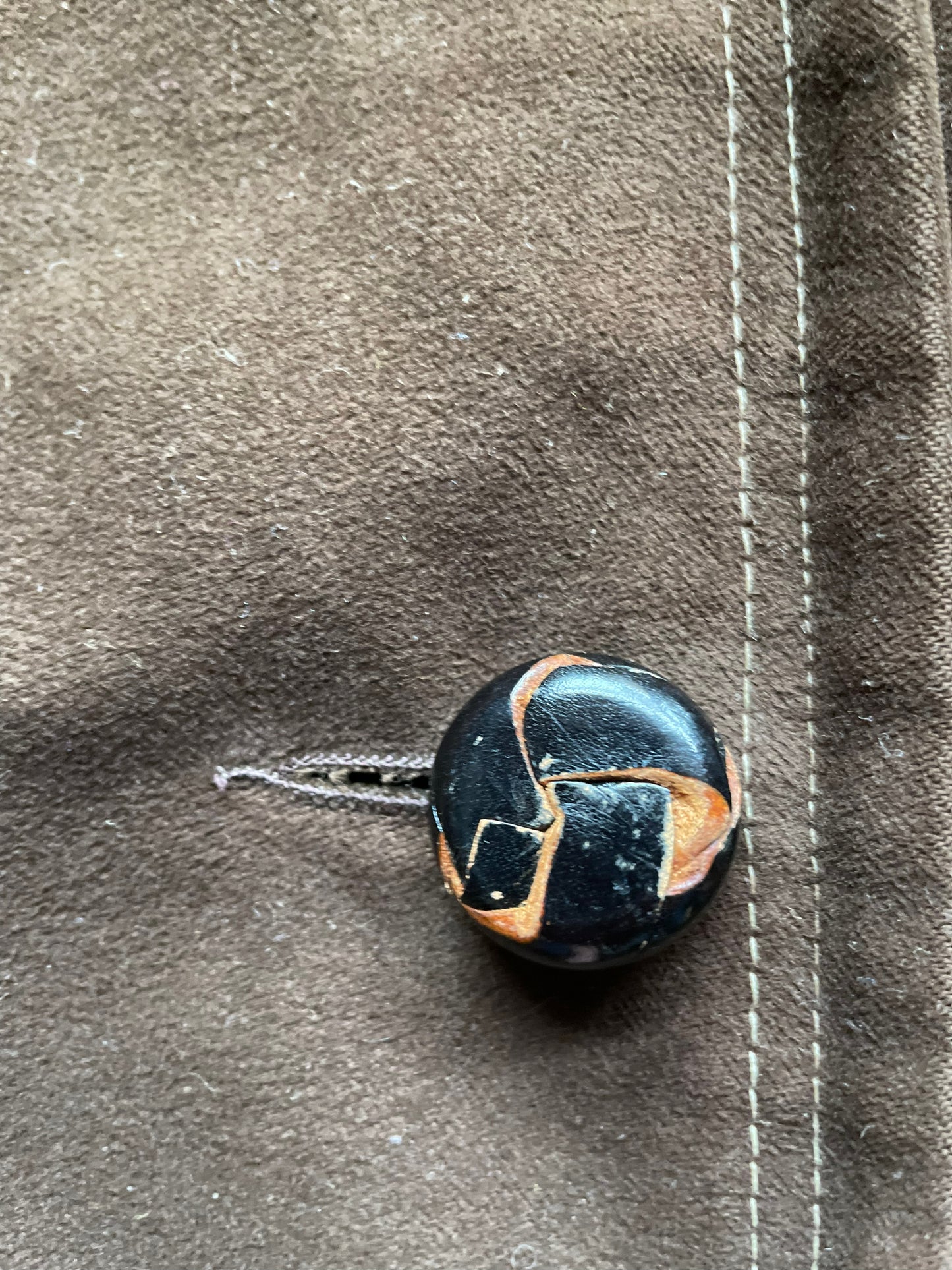 Worn button view of Vintage 1960s Lanson Brown Coat with Leopard Fur Collar SZ M-L | Seattle True Vintage | Barn Owl Vintage Coats