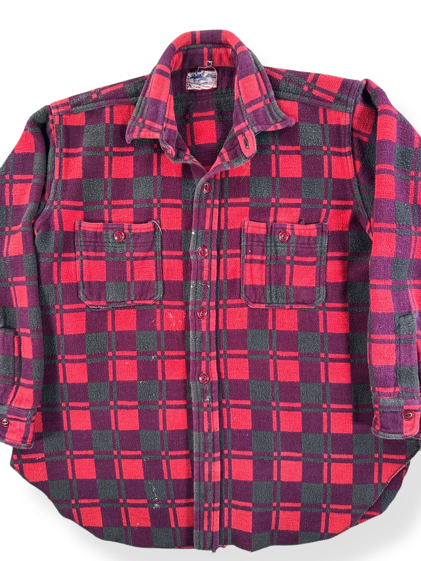 Front Close Up of Vintage Champion Red and Black Cotton Camp Blanket Flannel SZ M AS IS