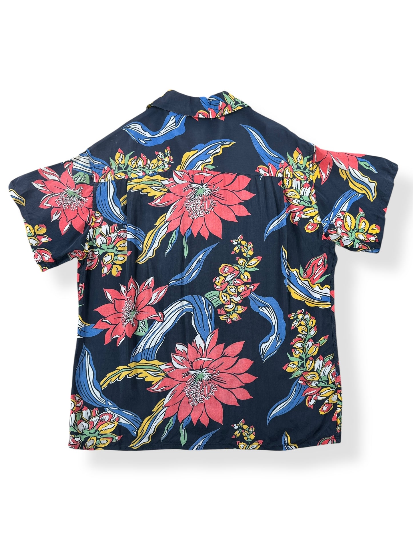 Back of Vintage Blue Made in California Aloha Floral Print Shirt SZ M