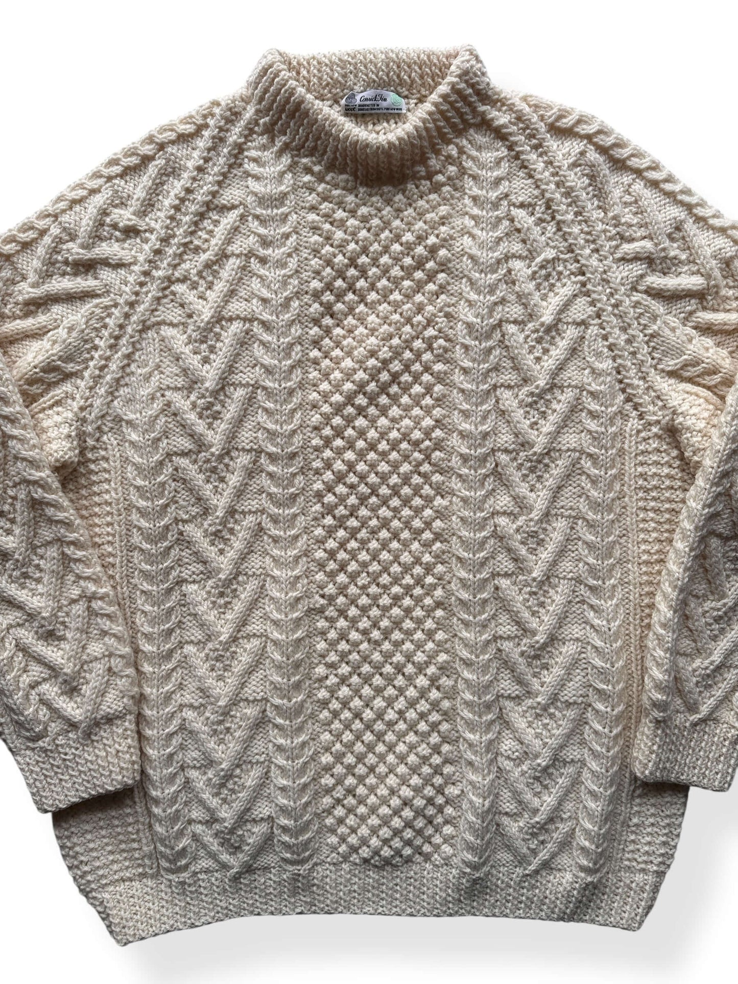 Front Close Up of Vintage Carrick Fin Irish Cable Knit Aran Fishermans Sweater SZ XL