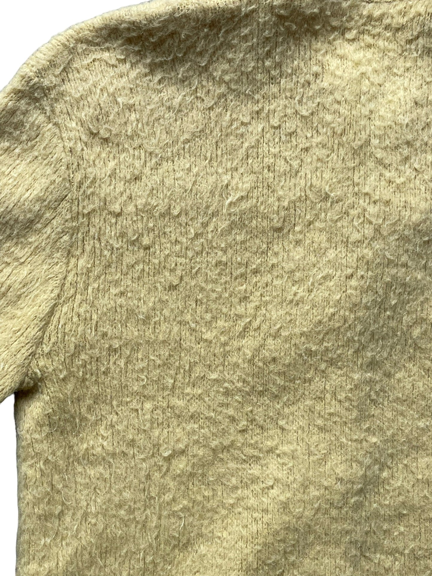 Back left shoulder view of Vintage 1950s Yellow Orlon Mohair Cardigan | Barn Owl Sweaters | Seattle Vintage