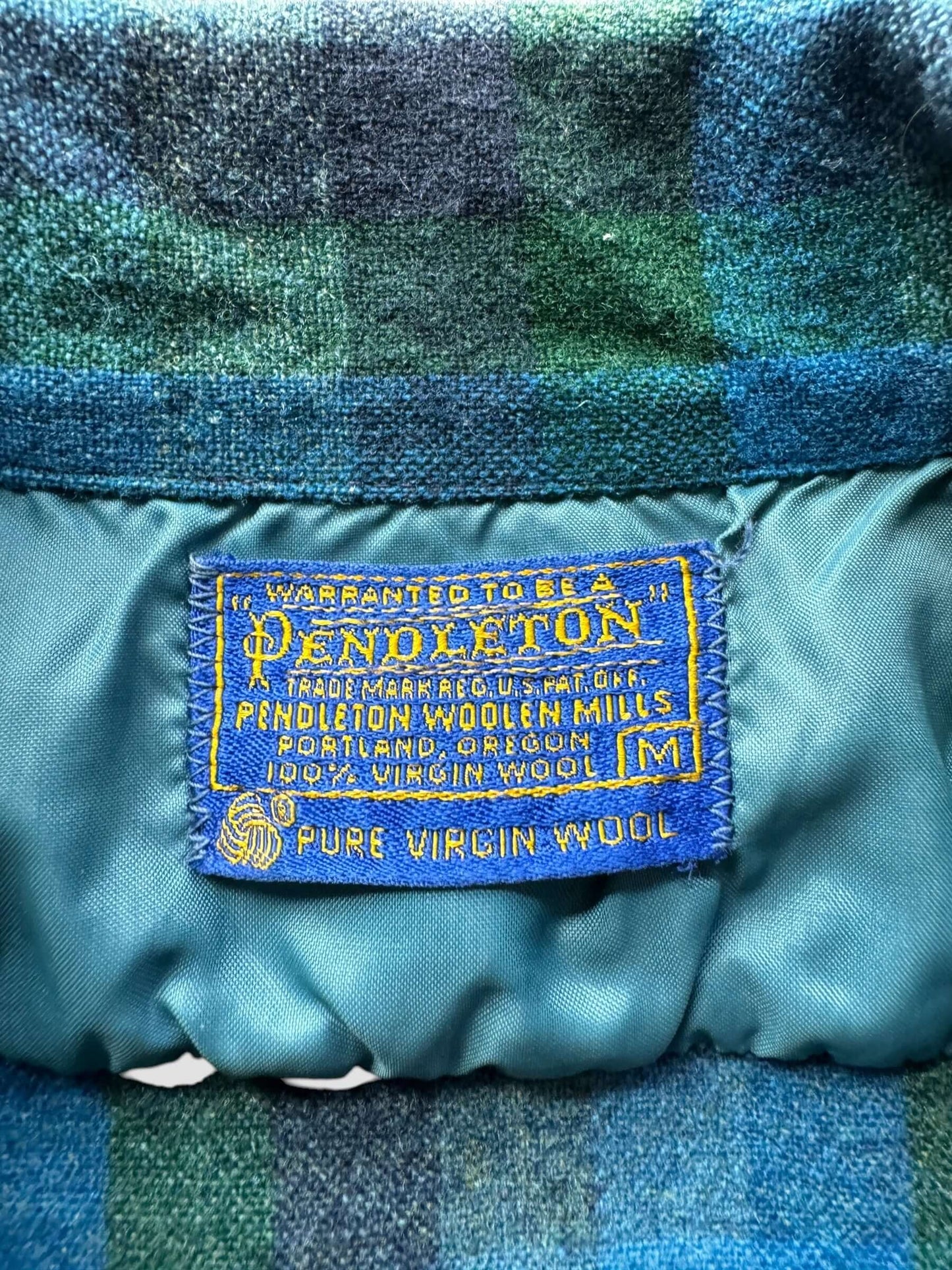 Tag on Vintage Pendleton Blue and Green Board Shirt SZ M AS IS