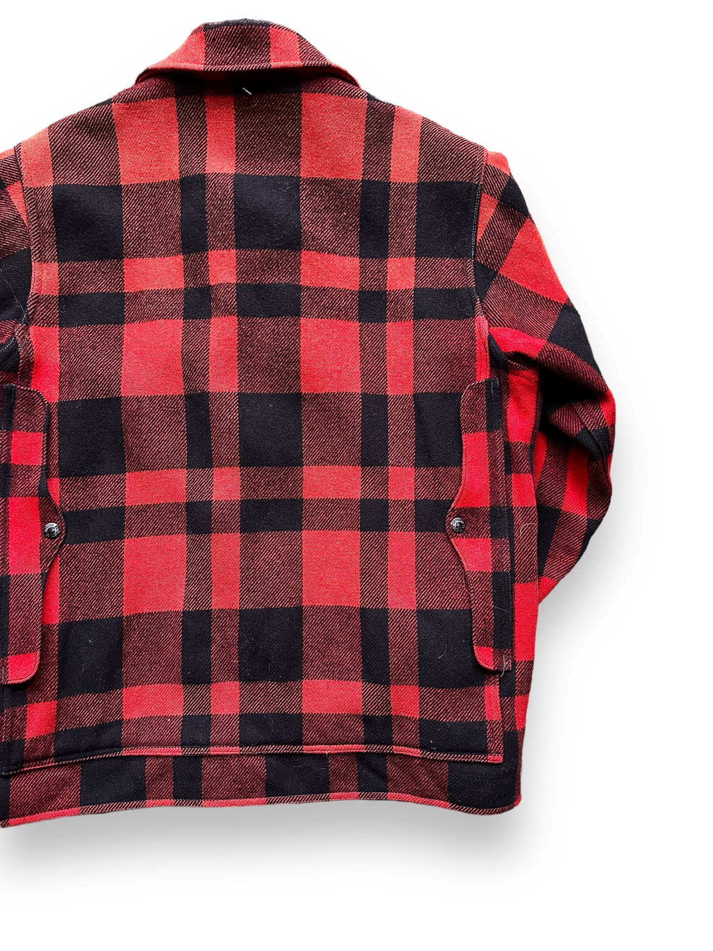 Right Rear View of Vintage Sun Faded Union Made Filson Red and Black Mackinaw Cruiser SZ 44 | Vintage Filson Mackinaw | Vintage Filson Workwear Seattle