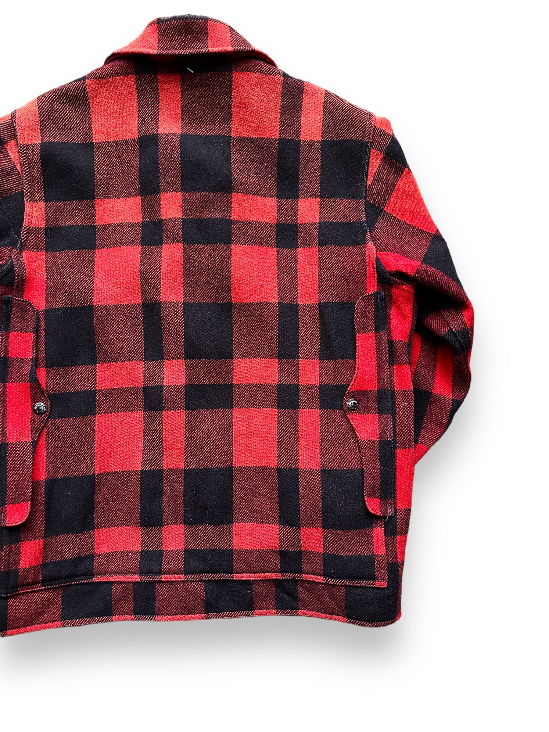 Right Rear View of Vintage Sun Faded Union Made Filson  Red and Black Mackinaw Cruiser SZ 44 |  Vintage Filson Mackinaw | Vintage Filson Workwear Seattle