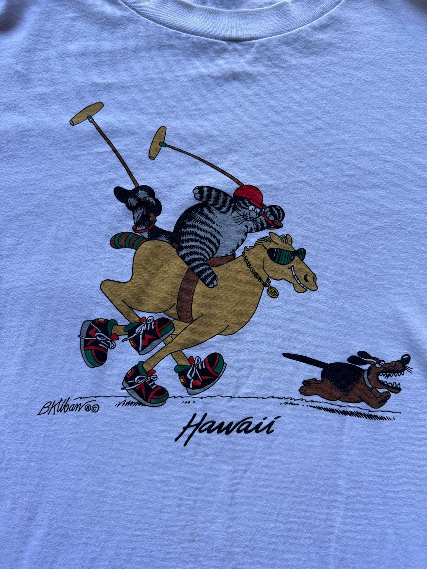 Front Graphic of Vintage Kilban Cat Crazy Shirt Polo Tee SZ L