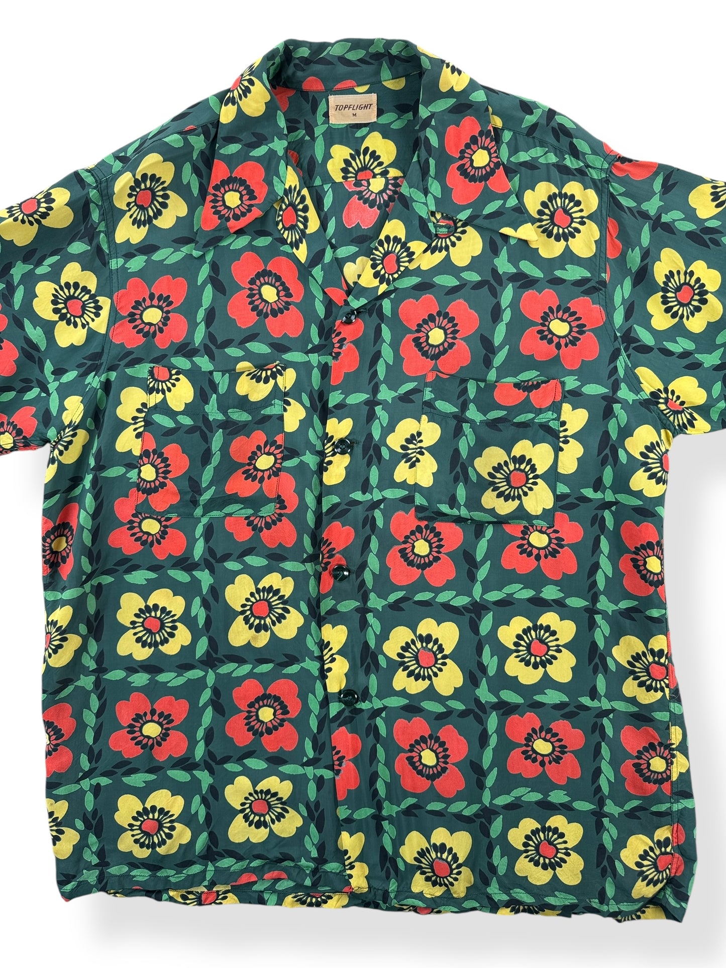 Front Close Up of Vintage Vibrant Patterned Topflight Aloha Shirt SZ M