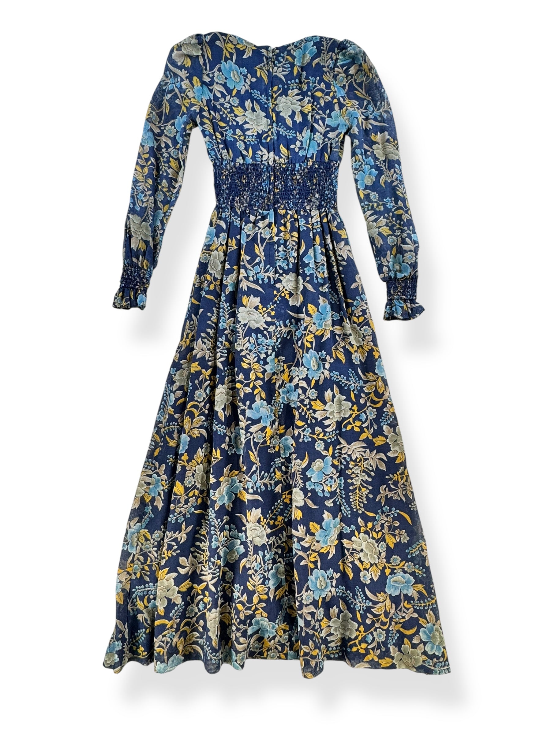 Back view of 1970s Blue Floral Maxi Dress S