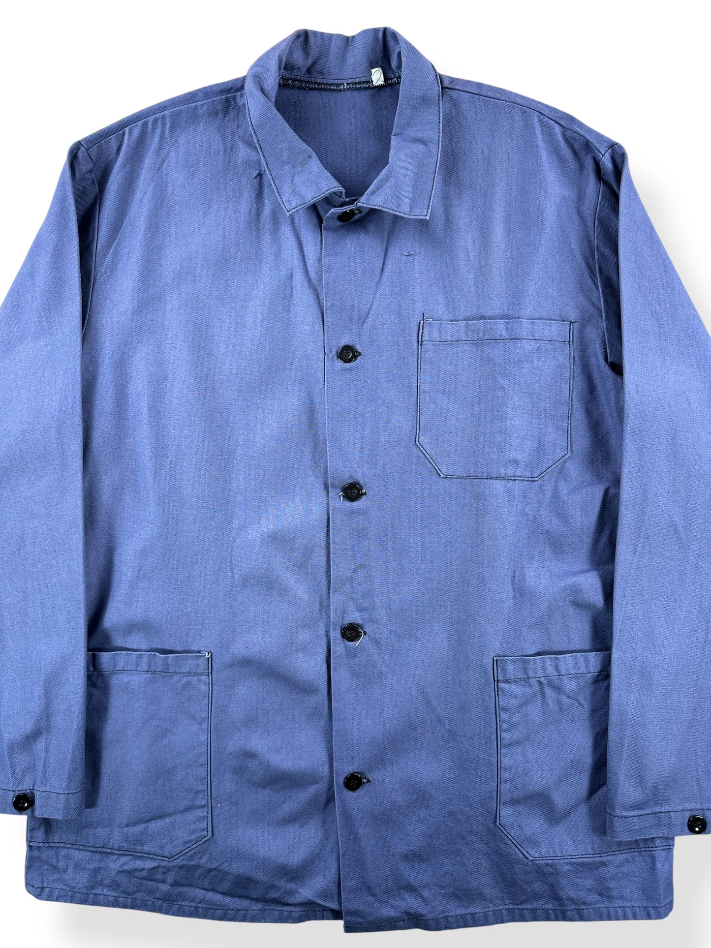 Front Close Up of Vintage Greyish Blue French Chore Coat SZ L