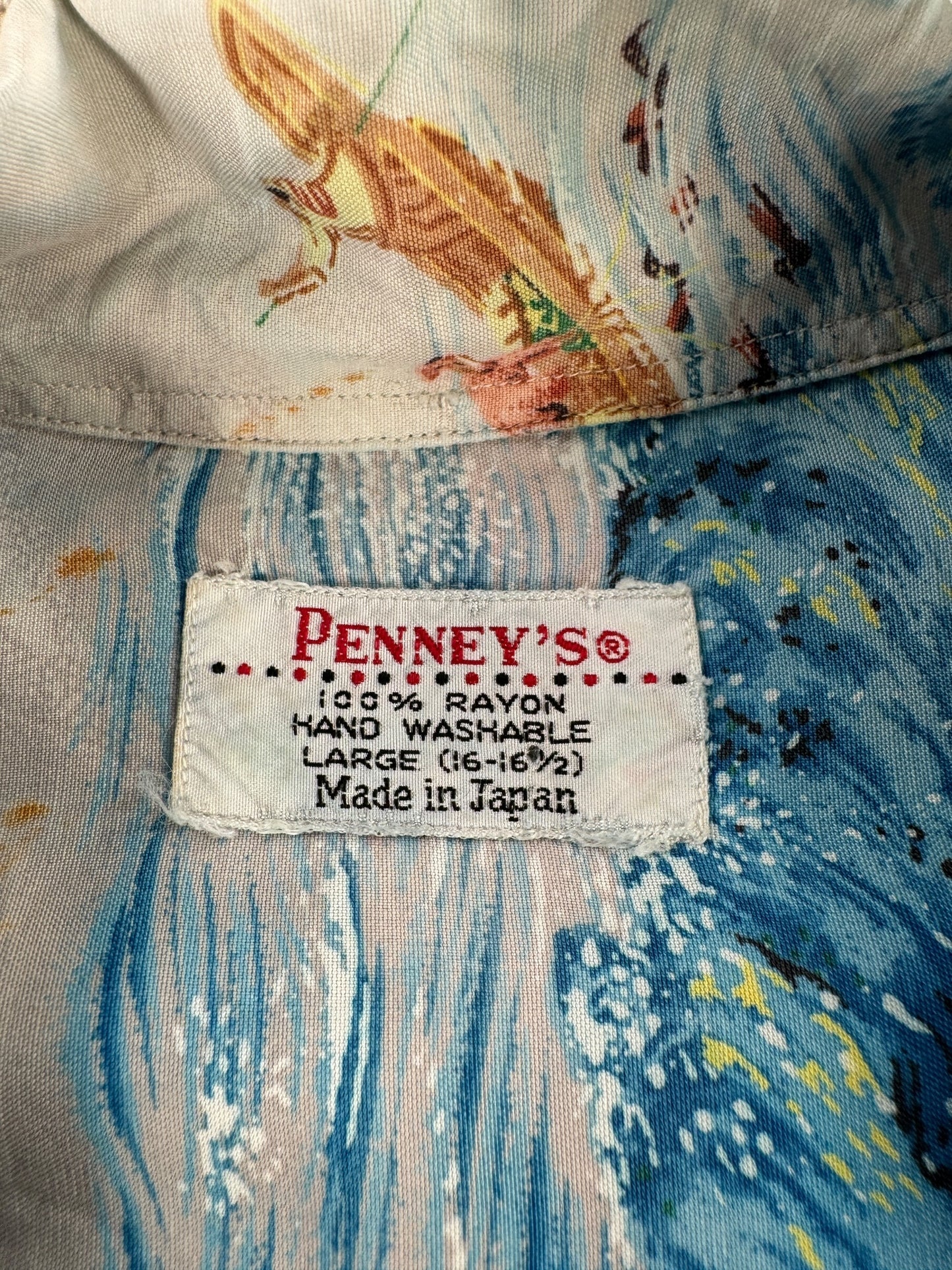 Tag on Vintage Penney's Blue Rayon Aloha Shirt SZ L
