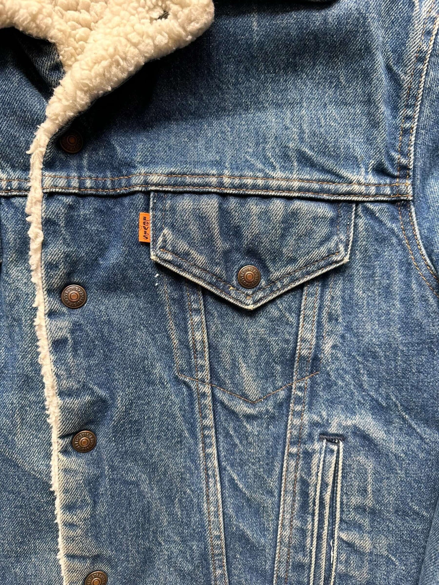 Levis Orange Tab View of Vintage Levis Orange Tab Sherpa Type III Denim Jacket SZ 42 | Vintage Denim Workwear Seattle