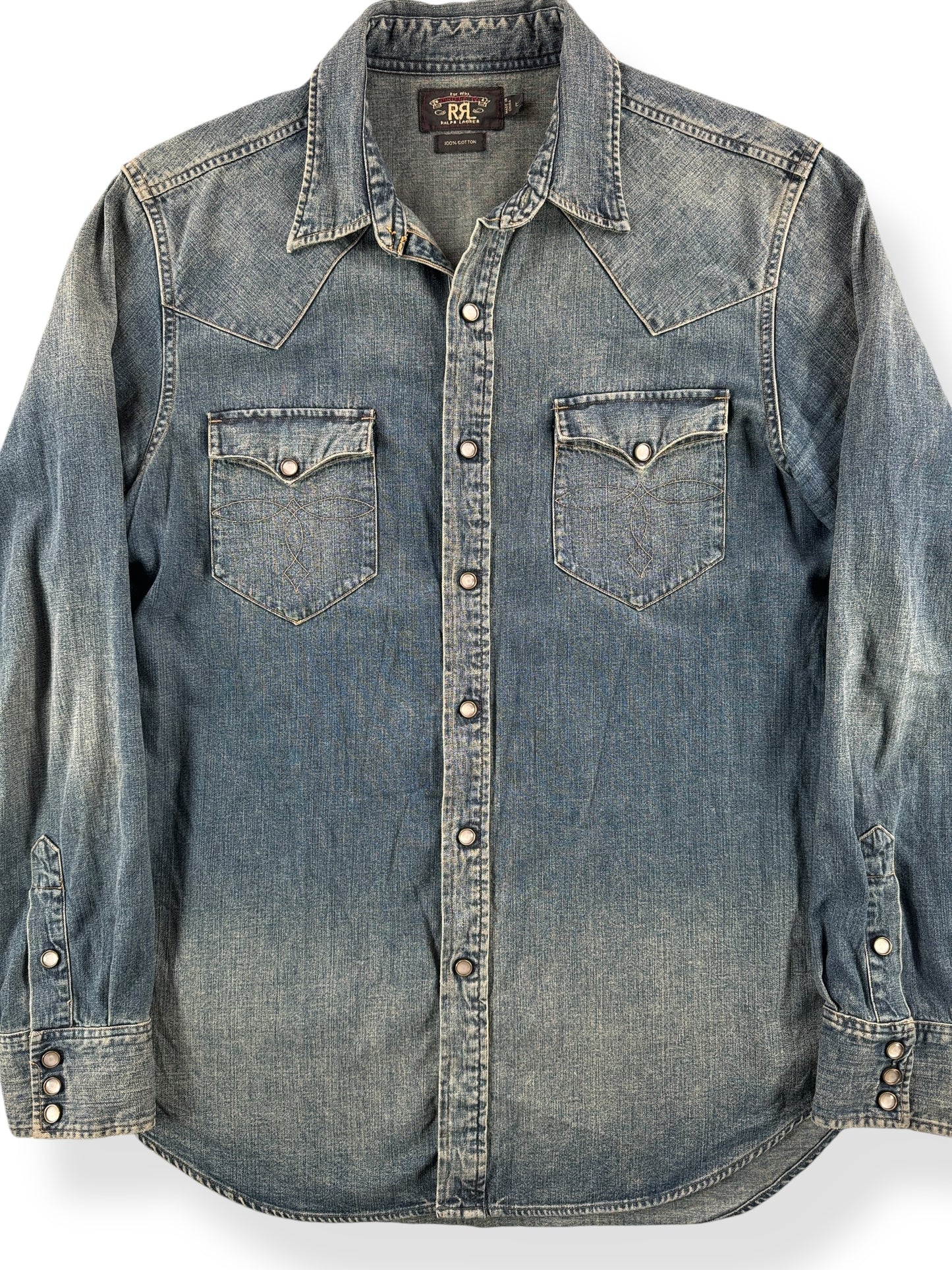 Front Close Up of Modern RRL Southwestern Style Denim Pearlsnap Shirt SZ L