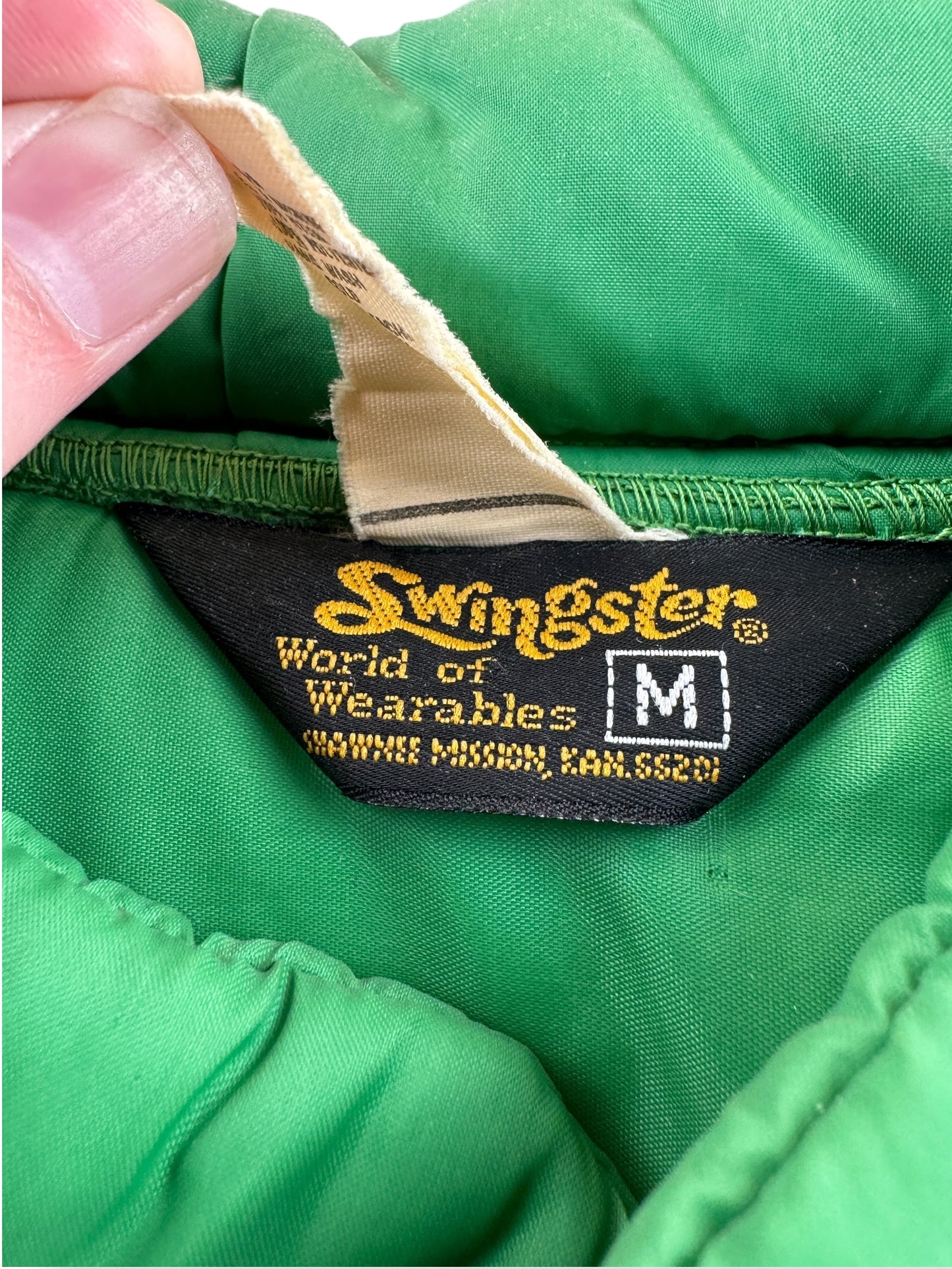 Tag on Vintage 70s Swingster Green Puffer Jacket SZ M