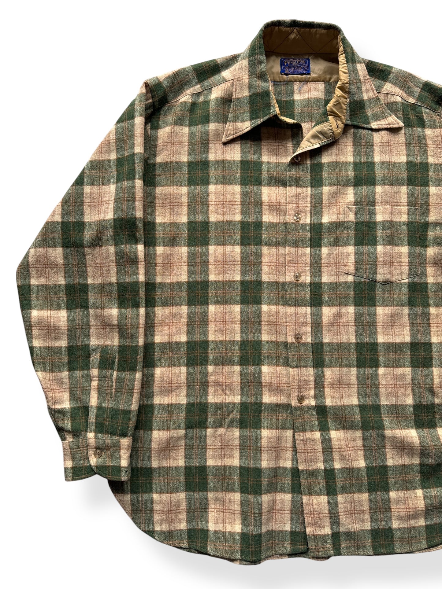 Front Right of Vintage Green and Tan Pendleton Wool Flannel SZ XL